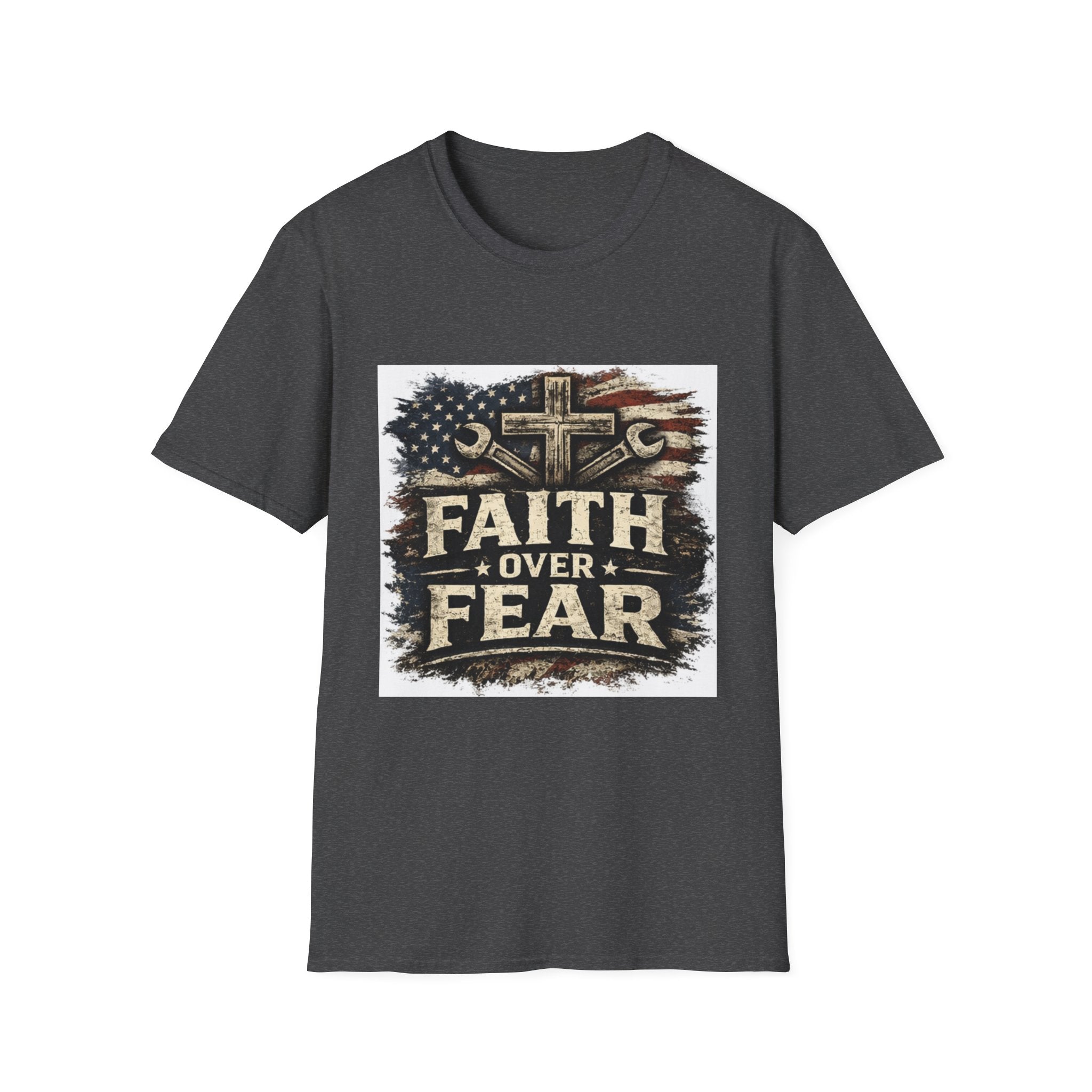 Faith Over Fear T-Shirt — Christian Cross & American Flag Graphic