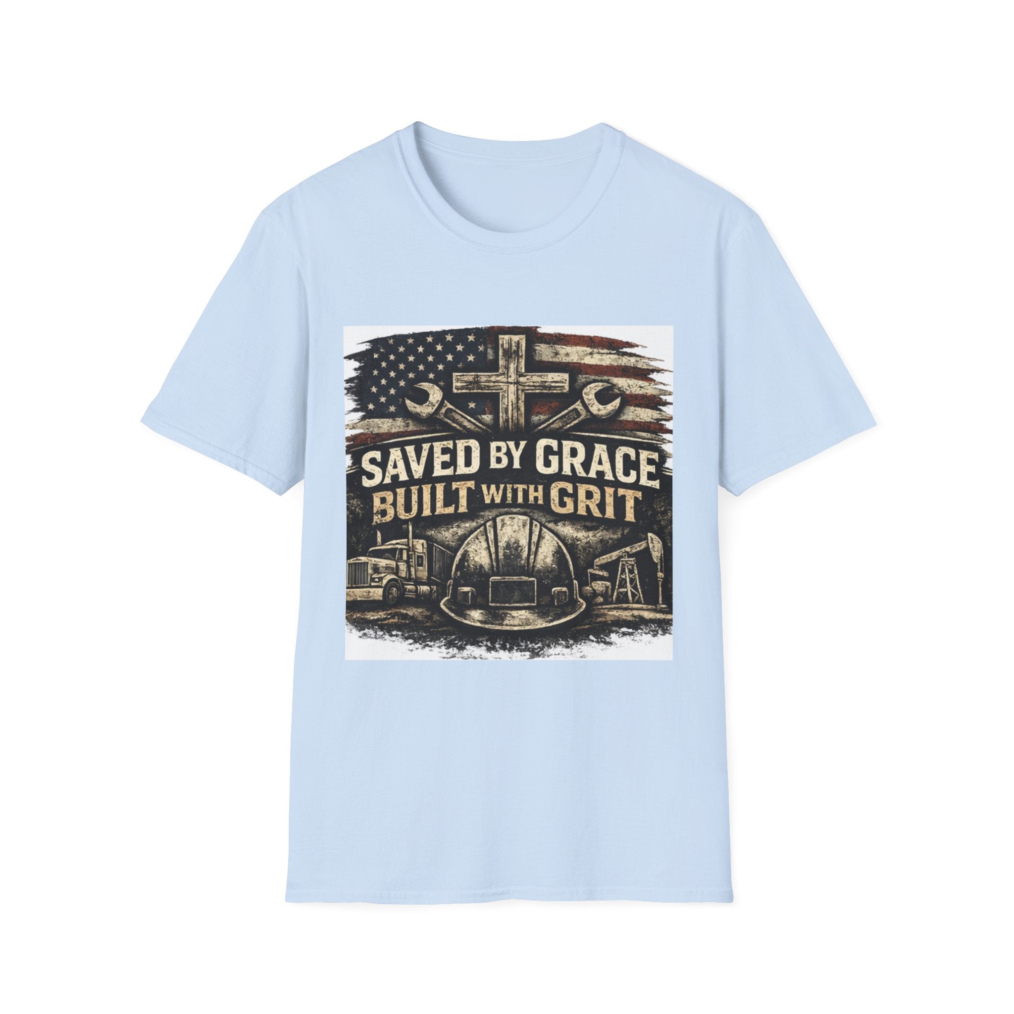 Saved by Grace Built with Grit T-Shirt — Christian Construction Worker Tee
