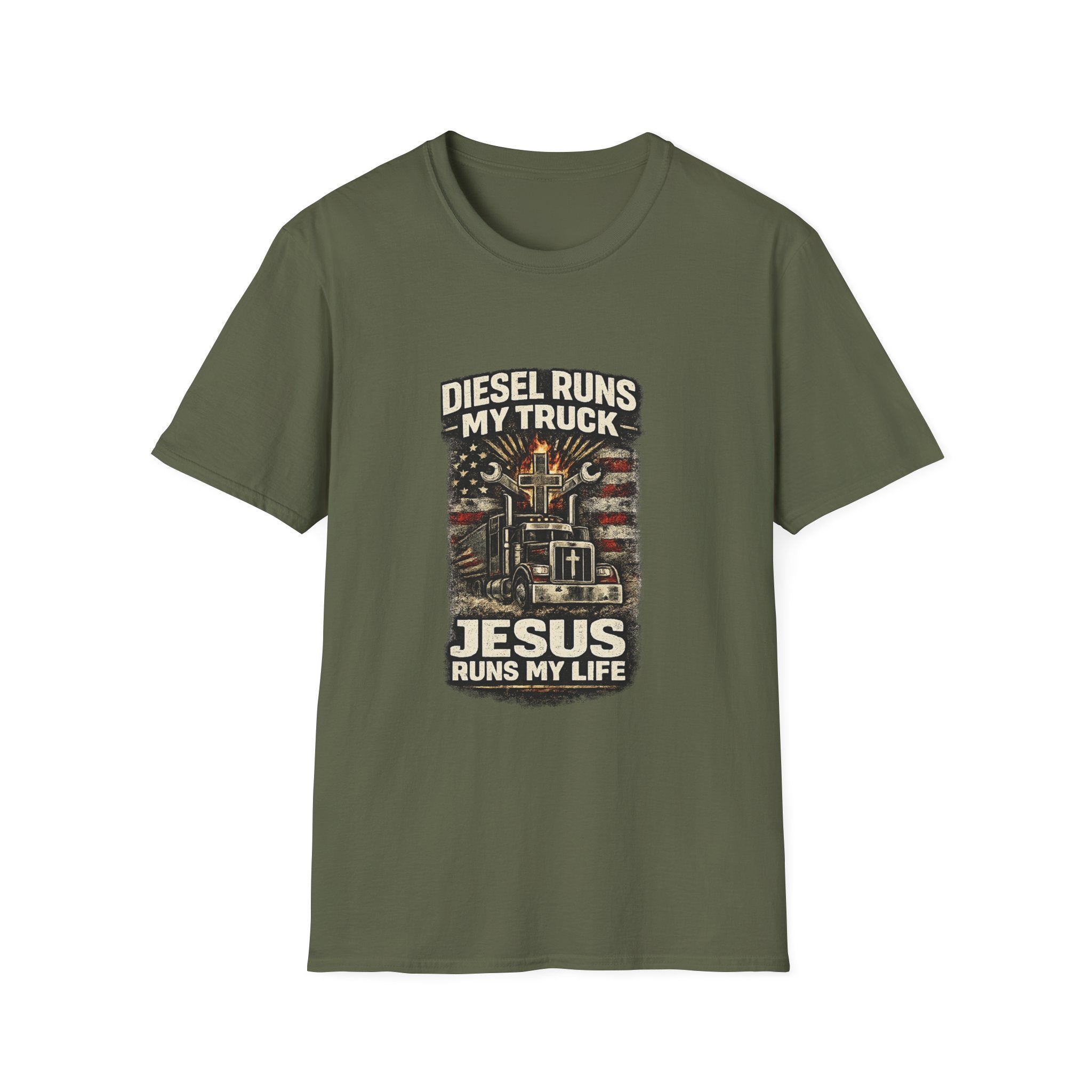 Christian Trucker T-Shirt — "Diesel Runs My Truck, Jesus Runs My Life" Vintage Design