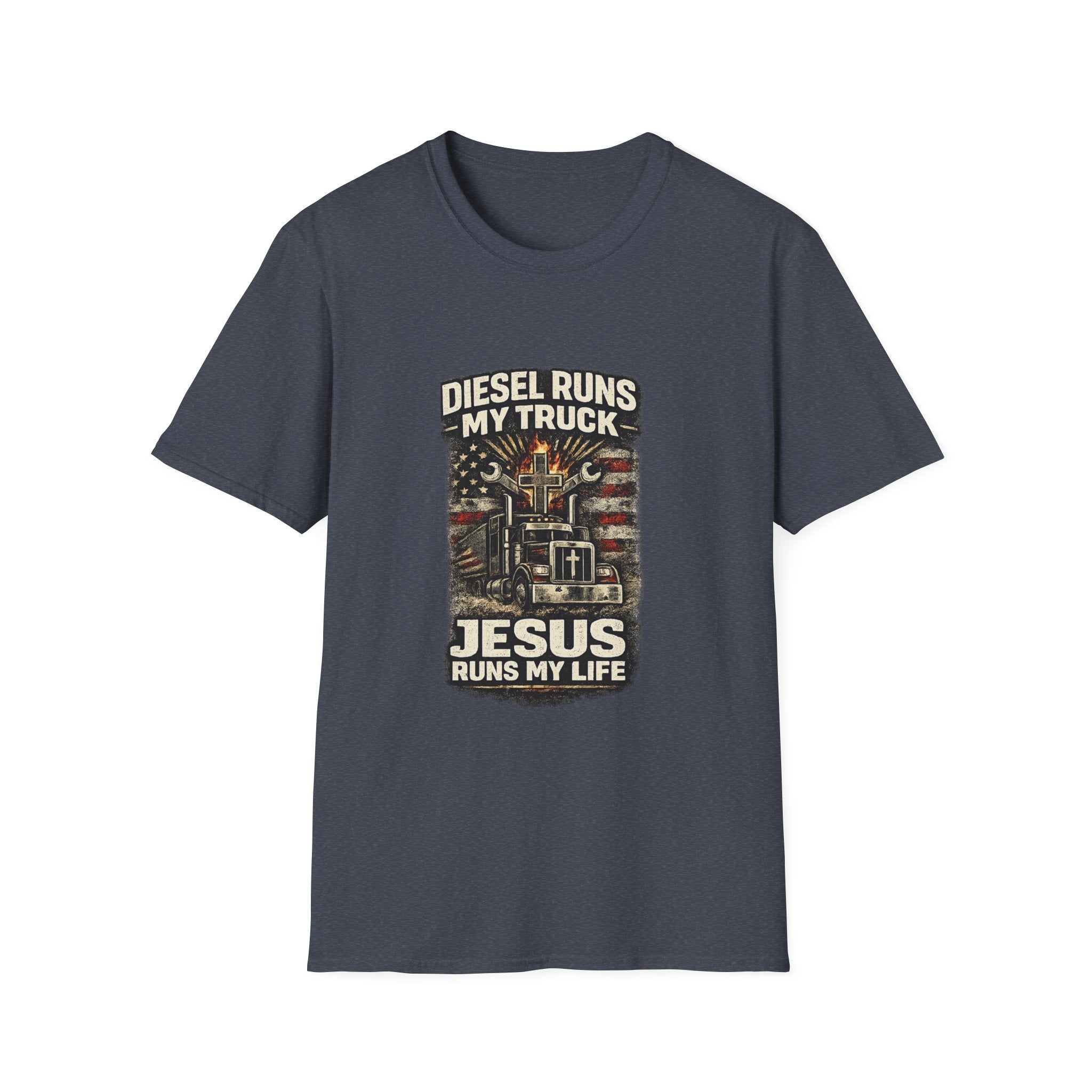 Christian Trucker T-Shirt — "Diesel Runs My Truck, Jesus Runs My Life" Vintage Design