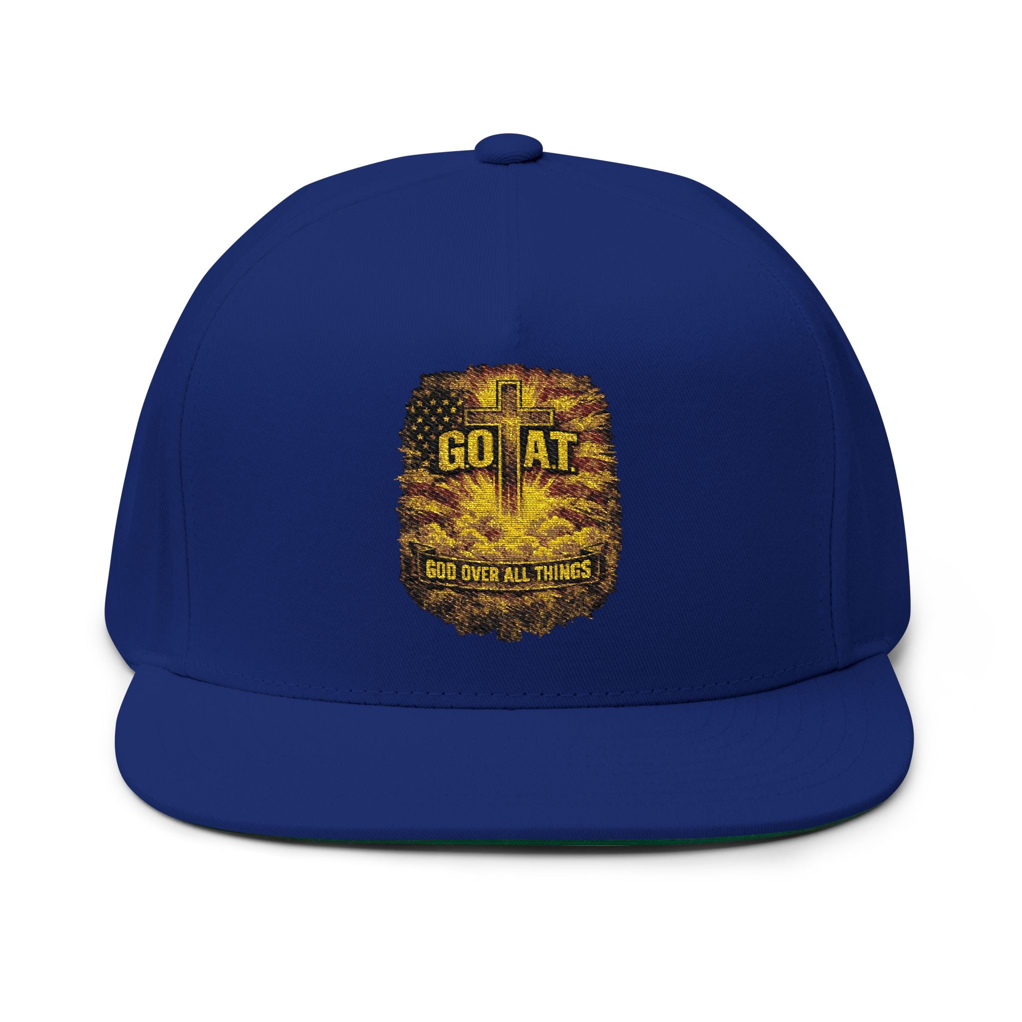 GOAT Embroidered Flat Bill Cap — Vintage Gold Trophy Patch Snapback