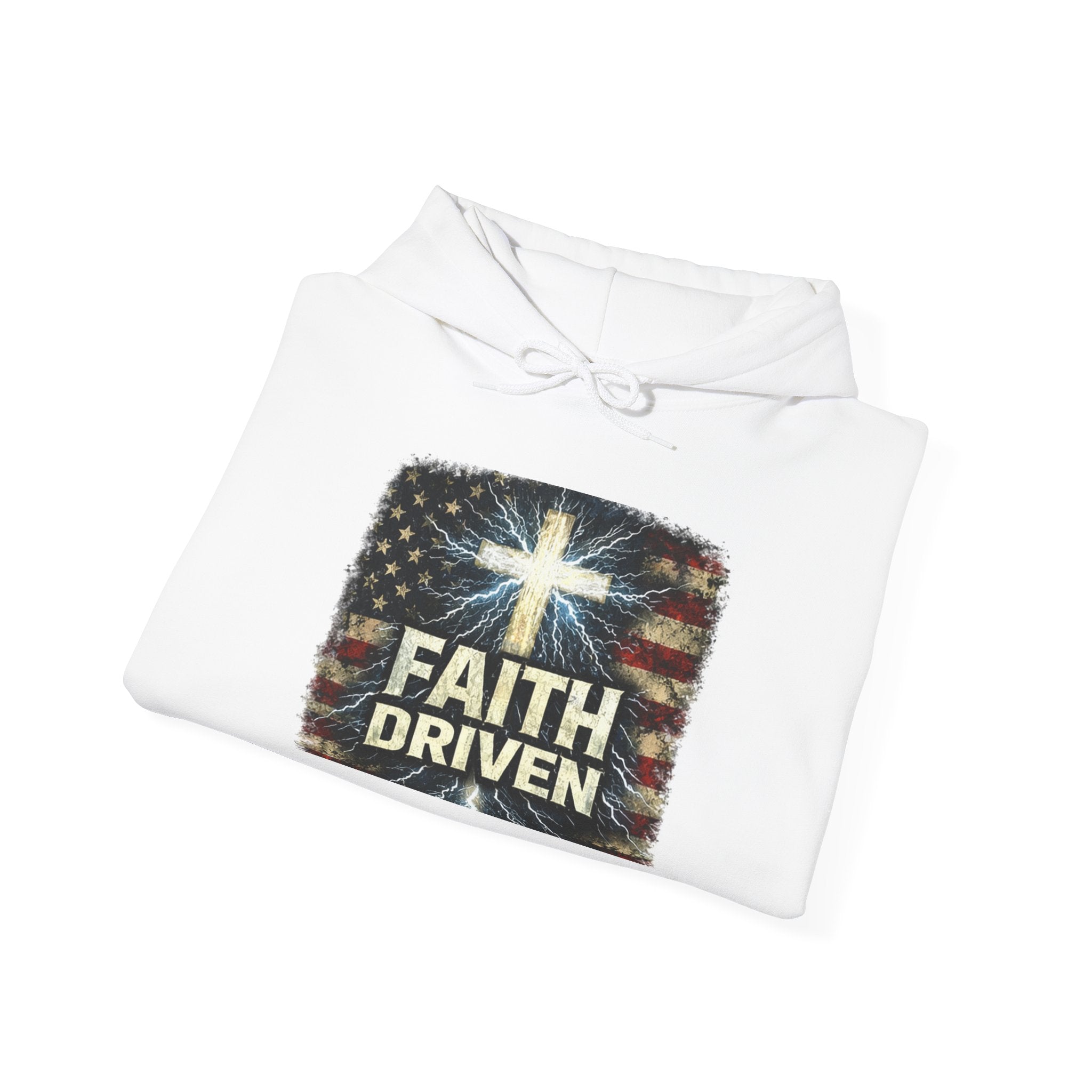 Faith Driven Hoodie — Christian Cross & American Flag Pullover