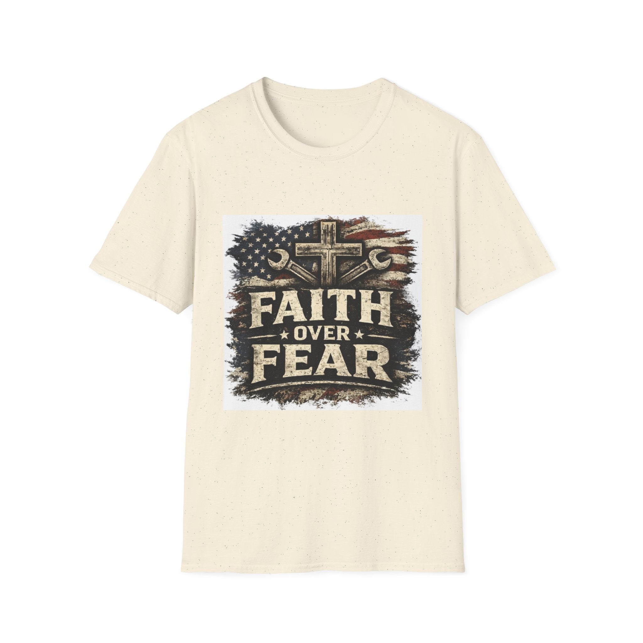 Faith Over Fear T-Shirt — Christian Cross & American Flag Graphic