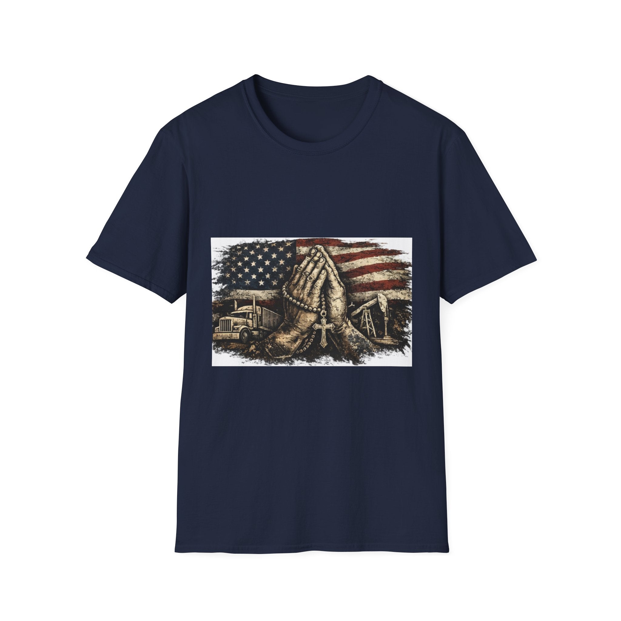 Patriotic Praying Hands T-Shirt — American Flag Faith Tee for Veterans & Church