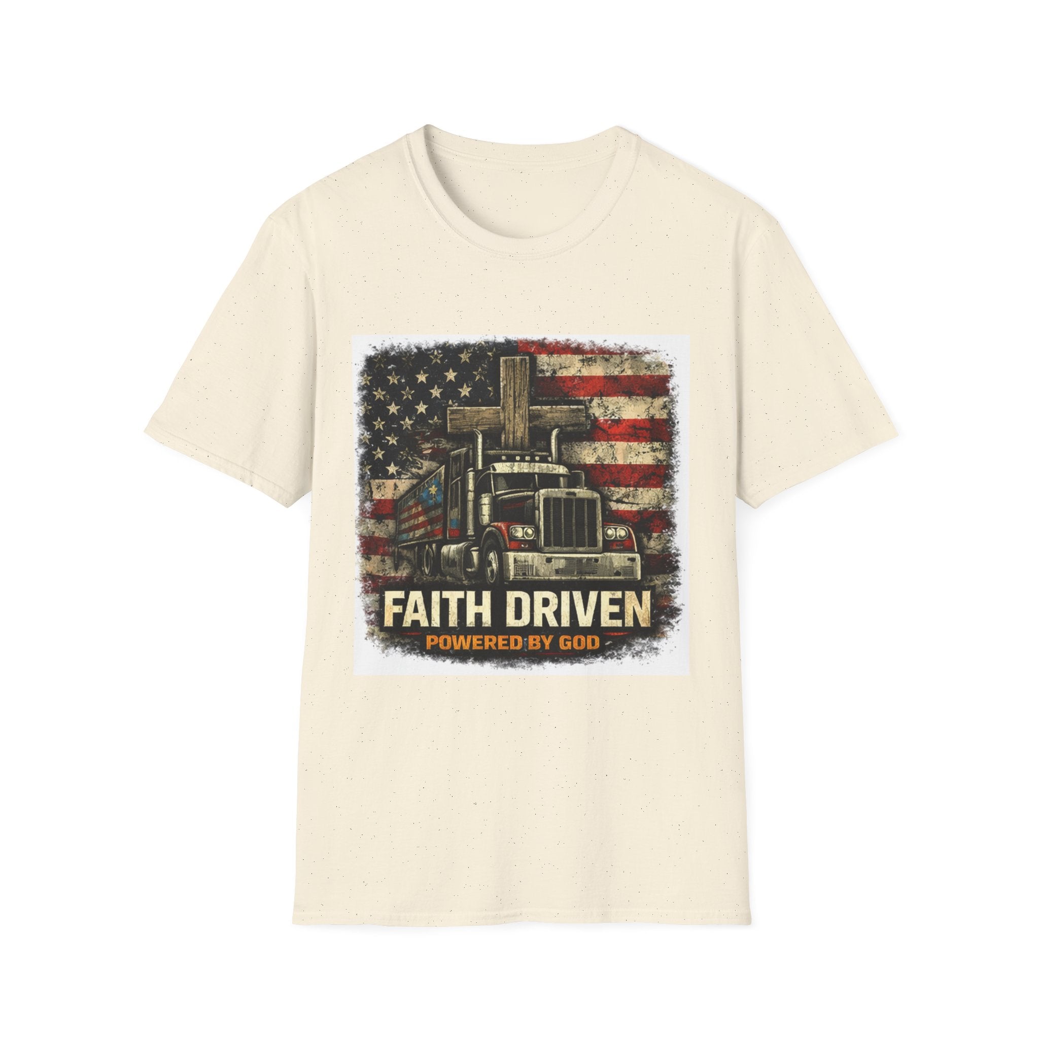 Faith Driven Trucker T-Shirt — "Powered by God" American Flag Design