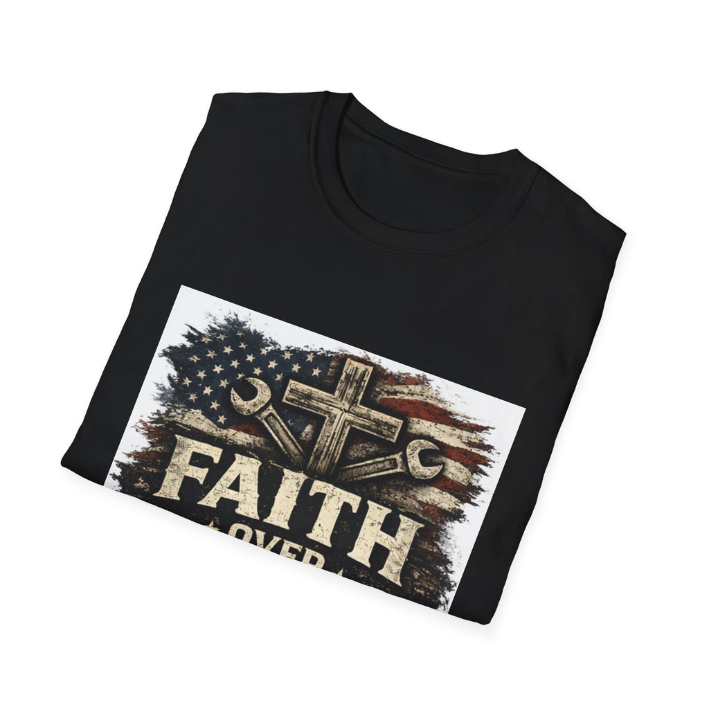 Faith Over Fear T-Shirt — Christian Cross & American Flag Graphic