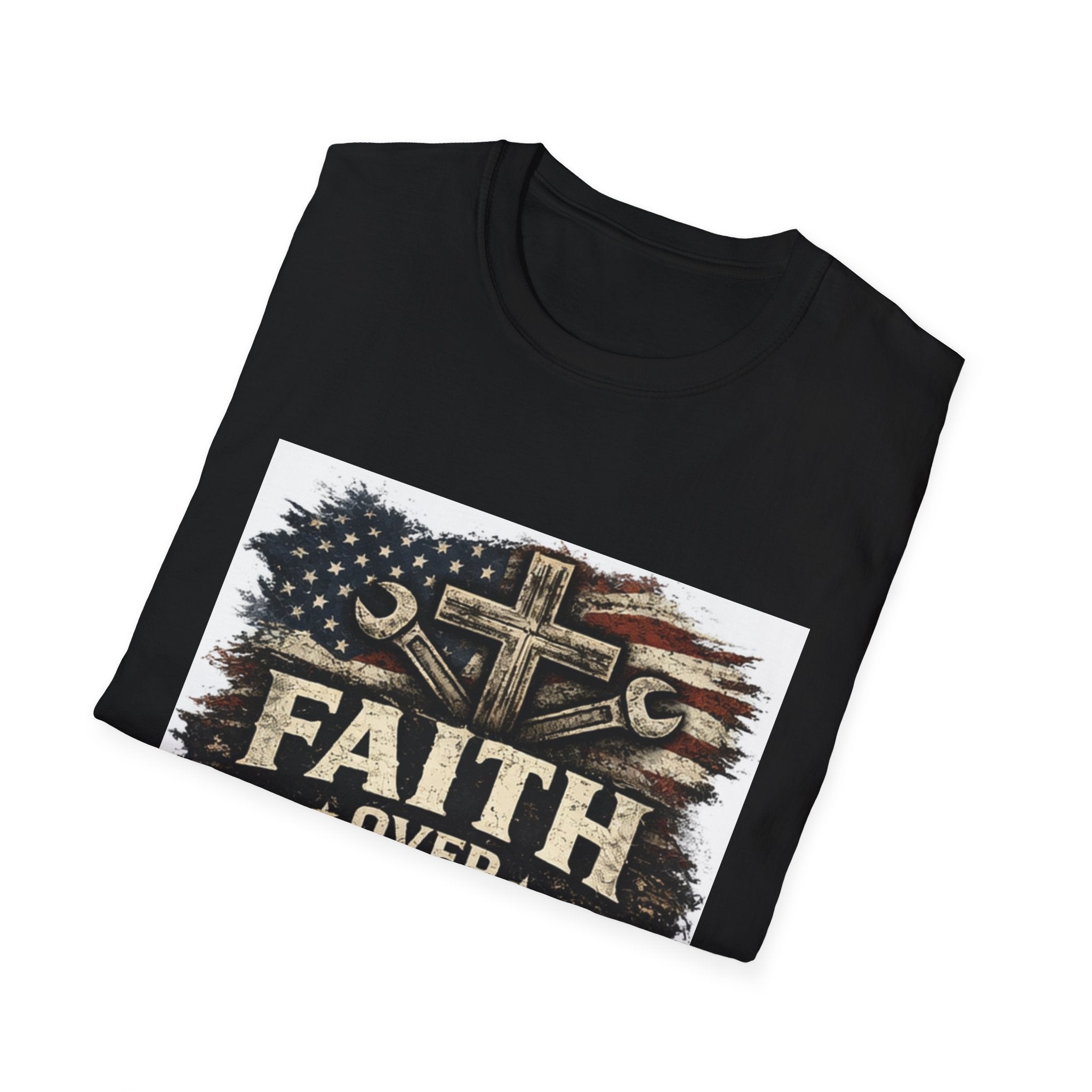 Faith Over Fear T-Shirt — Christian Cross & American Flag Graphic
