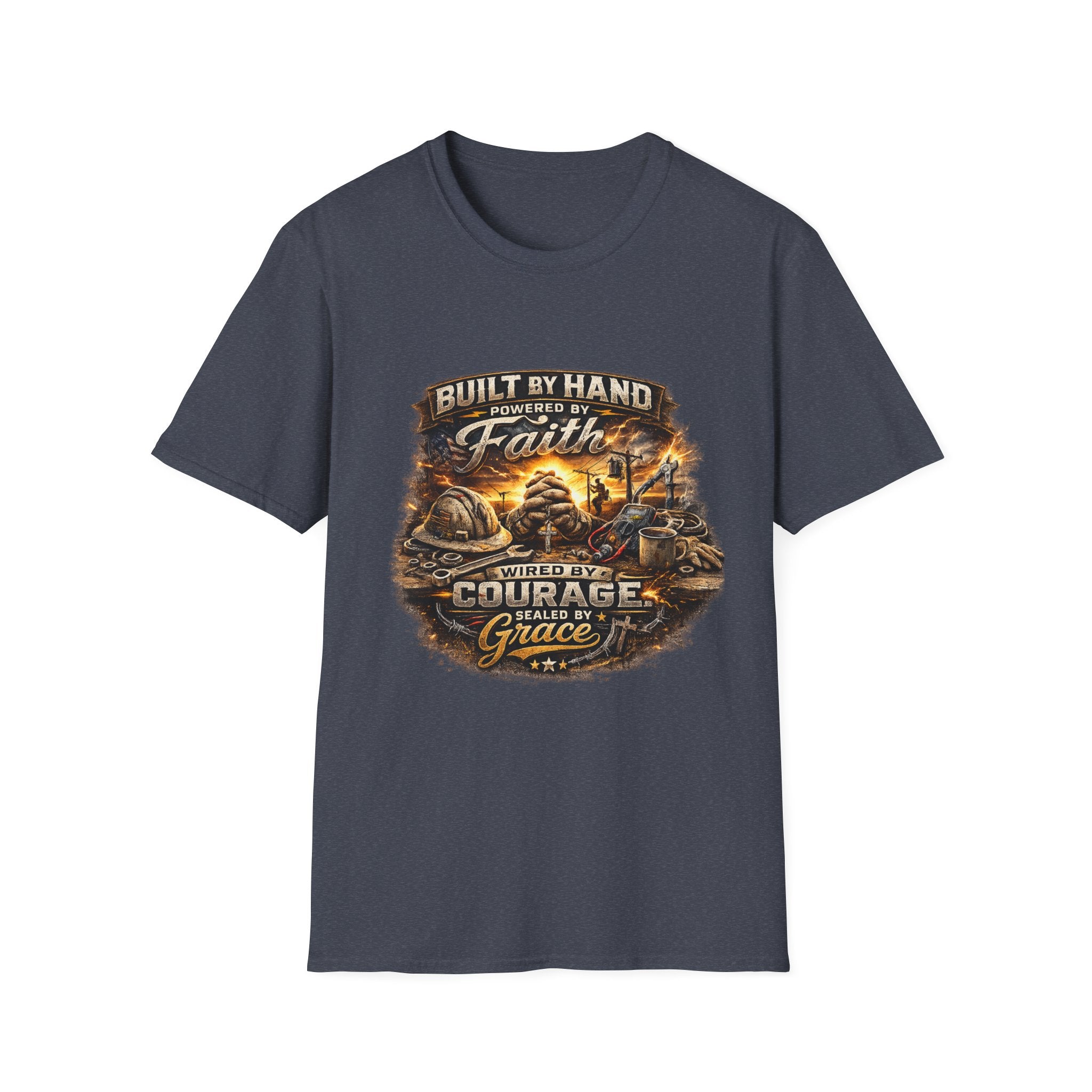 Built by Hand Mechanic T-Shirt – "Built by Hand, Powered by Faith, Home by Courage" Vintage Workshirt