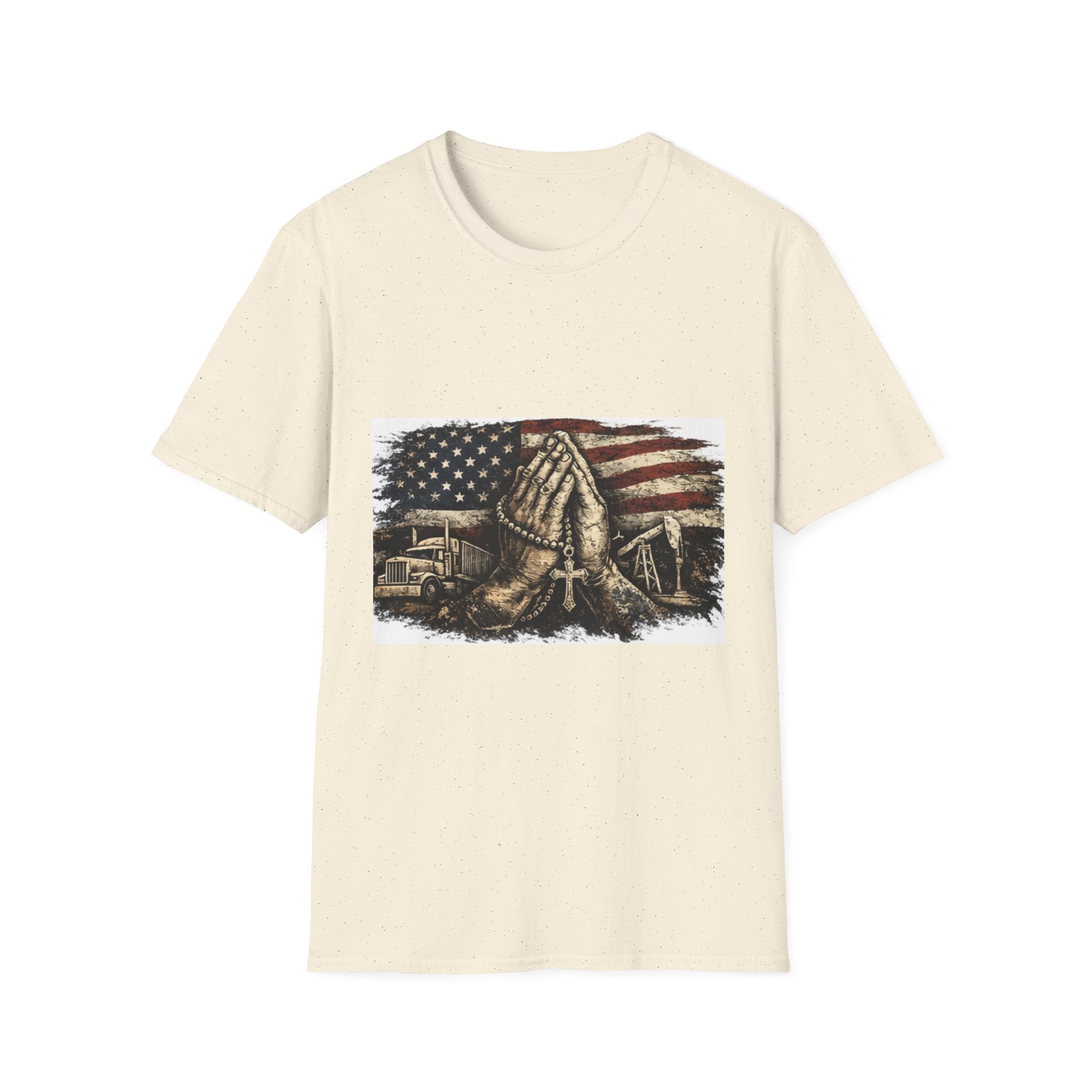 Patriotic Praying Hands T-Shirt — American Flag Faith Tee for Veterans & Church
