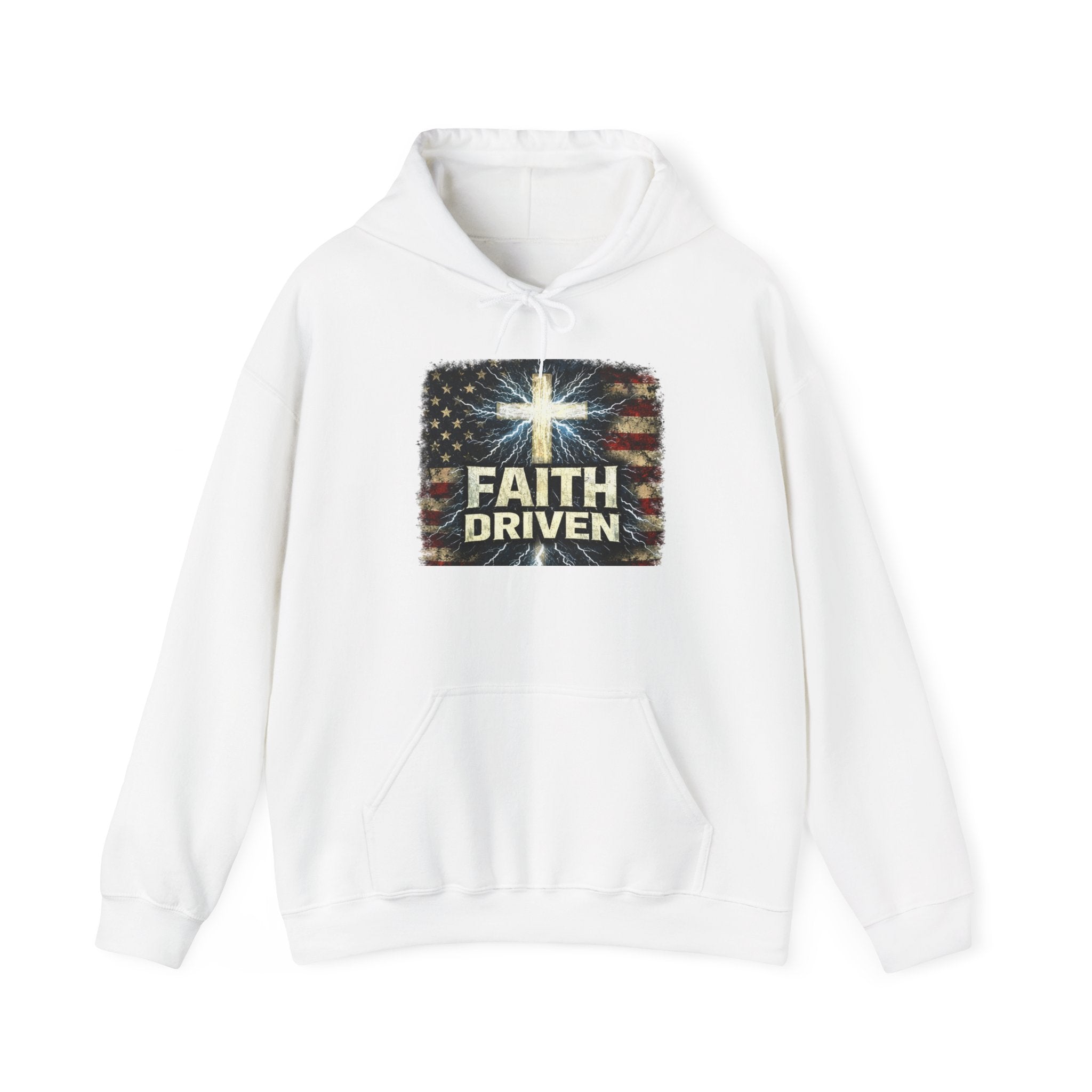 Faith Driven Hoodie — Christian Cross & American Flag Pullover