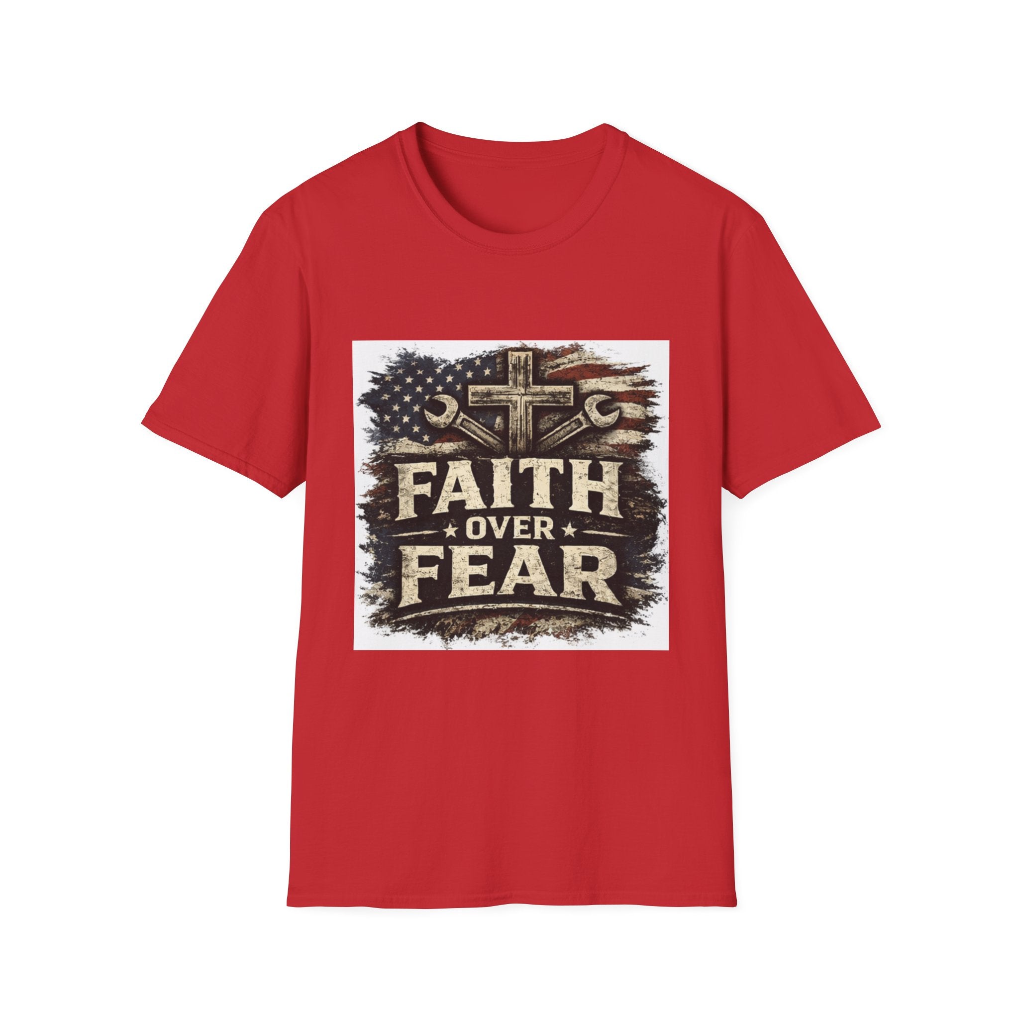 Faith Over Fear T-Shirt — Christian Cross & American Flag Graphic