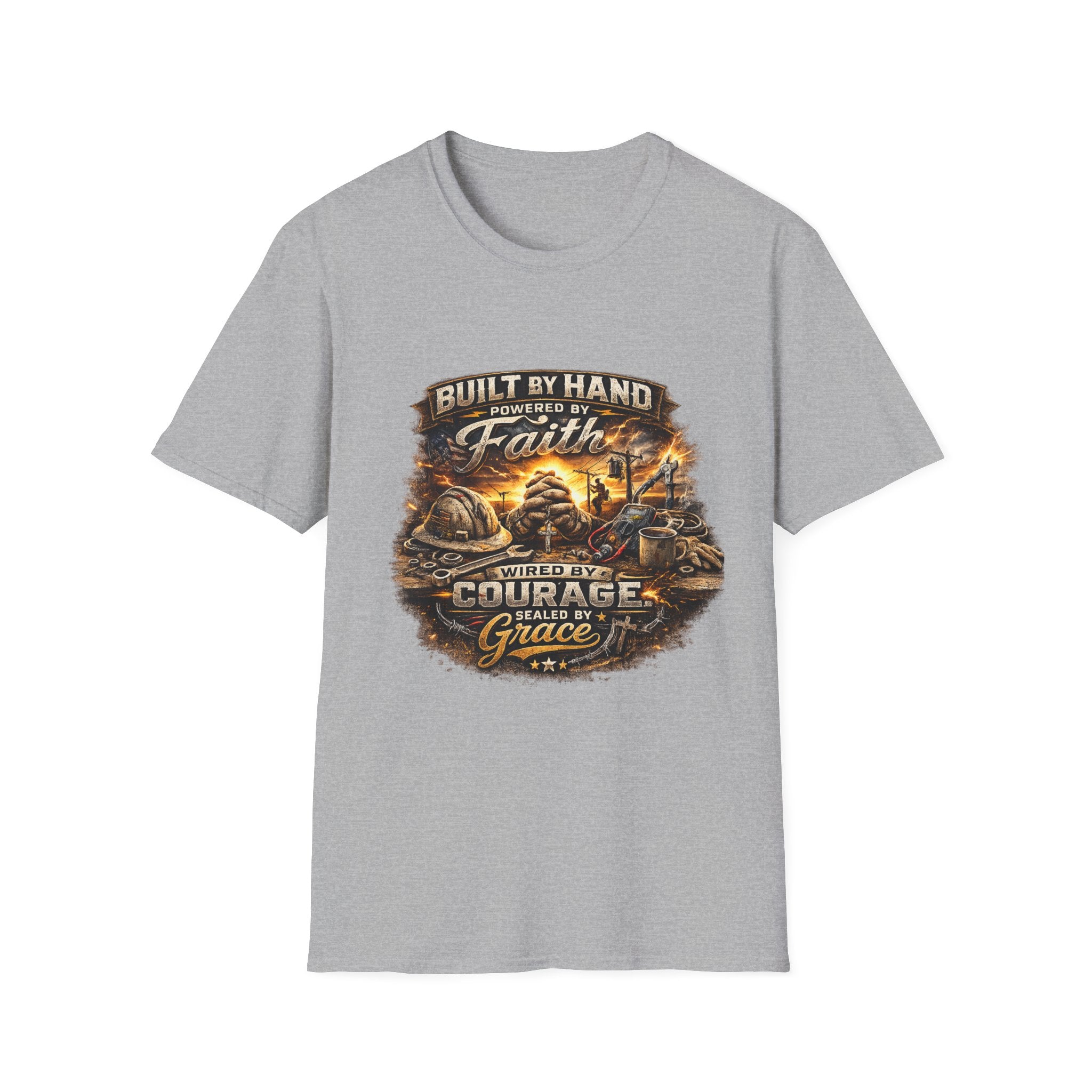 Built by Hand Mechanic T-Shirt – "Built by Hand, Powered by Faith, Home by Courage" Vintage Workshirt