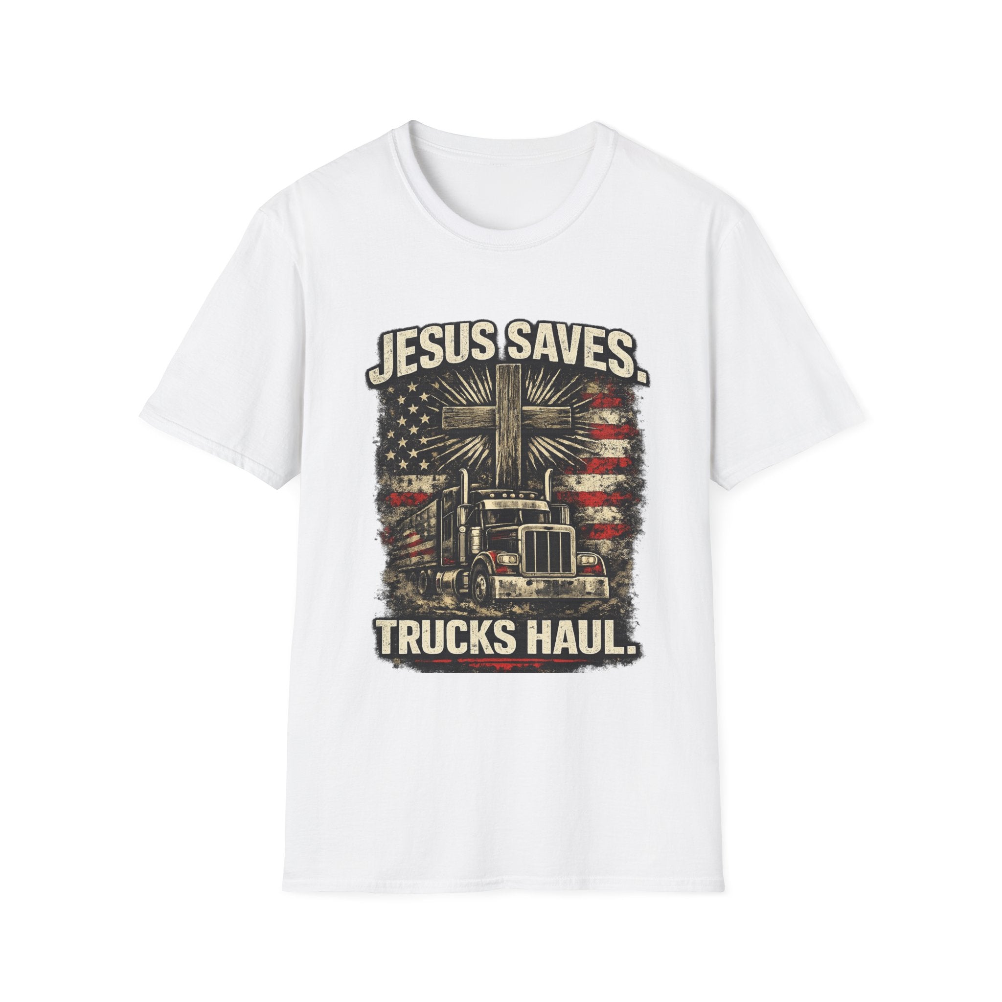 Jesus Saves Trucks Haul T-Shirt — Christian Trucker American Flag Tee