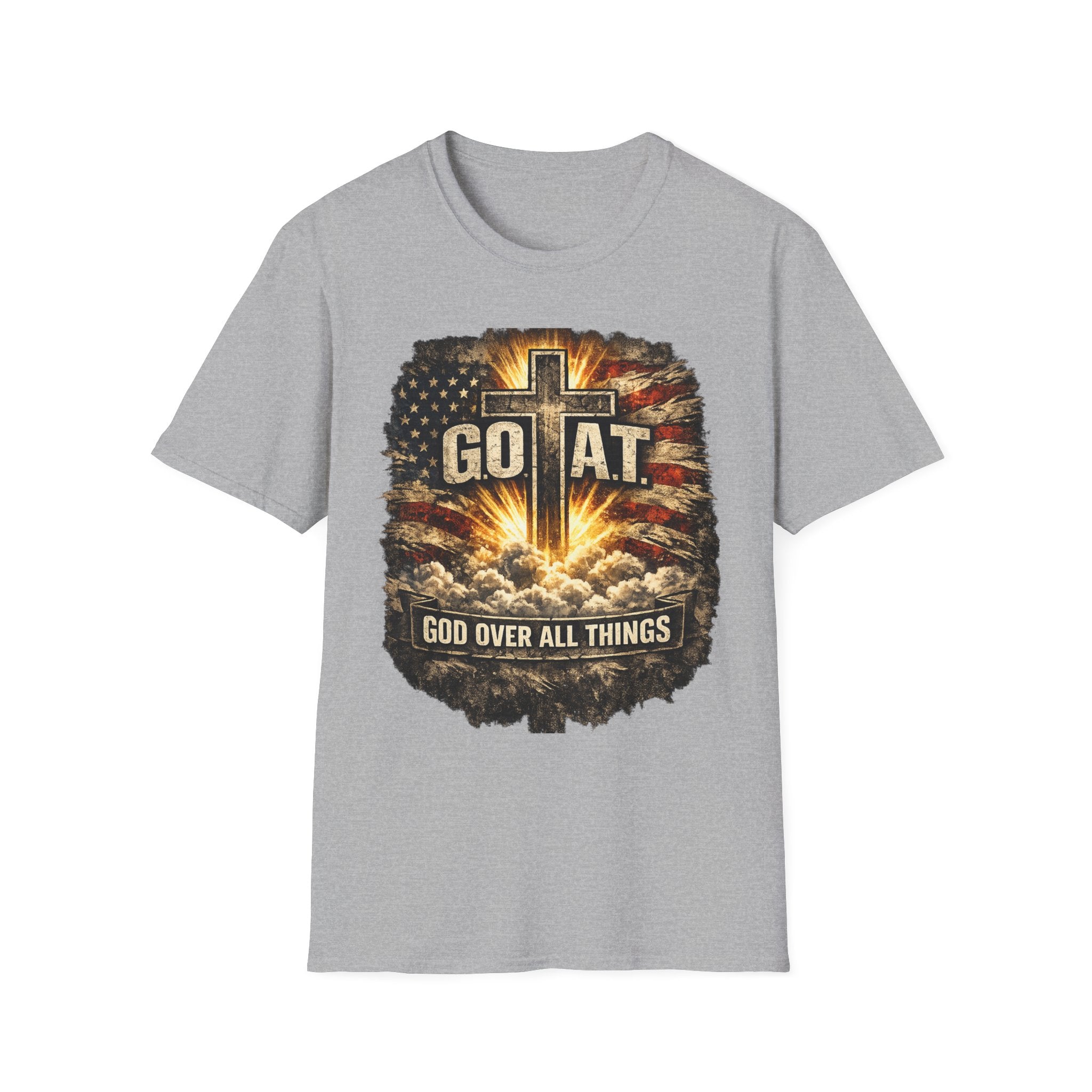 Christian T-Shirt — GOAT (God Over All Things) Cross Graphic
