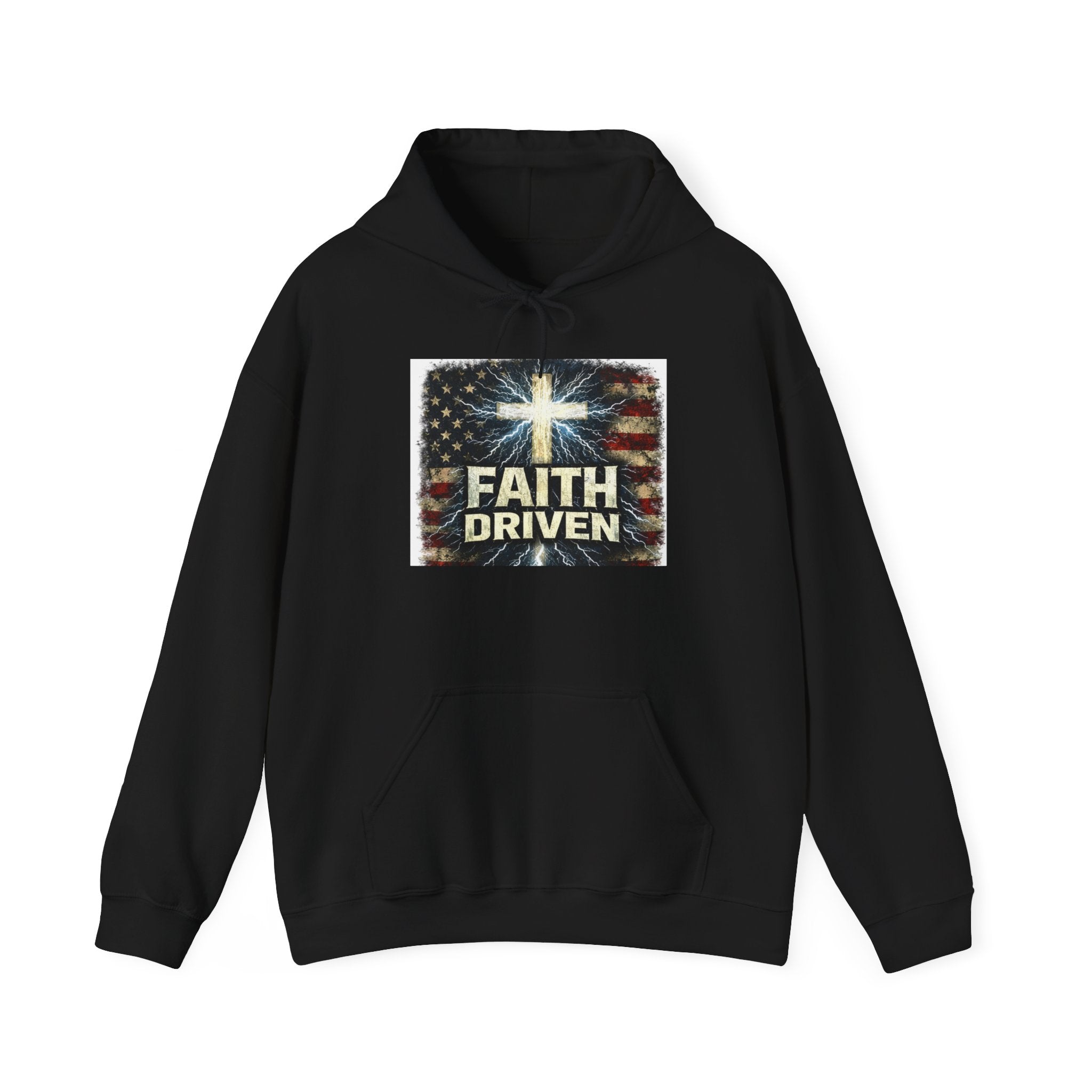 Faith Driven Hoodie — Christian Cross & American Flag Pullover