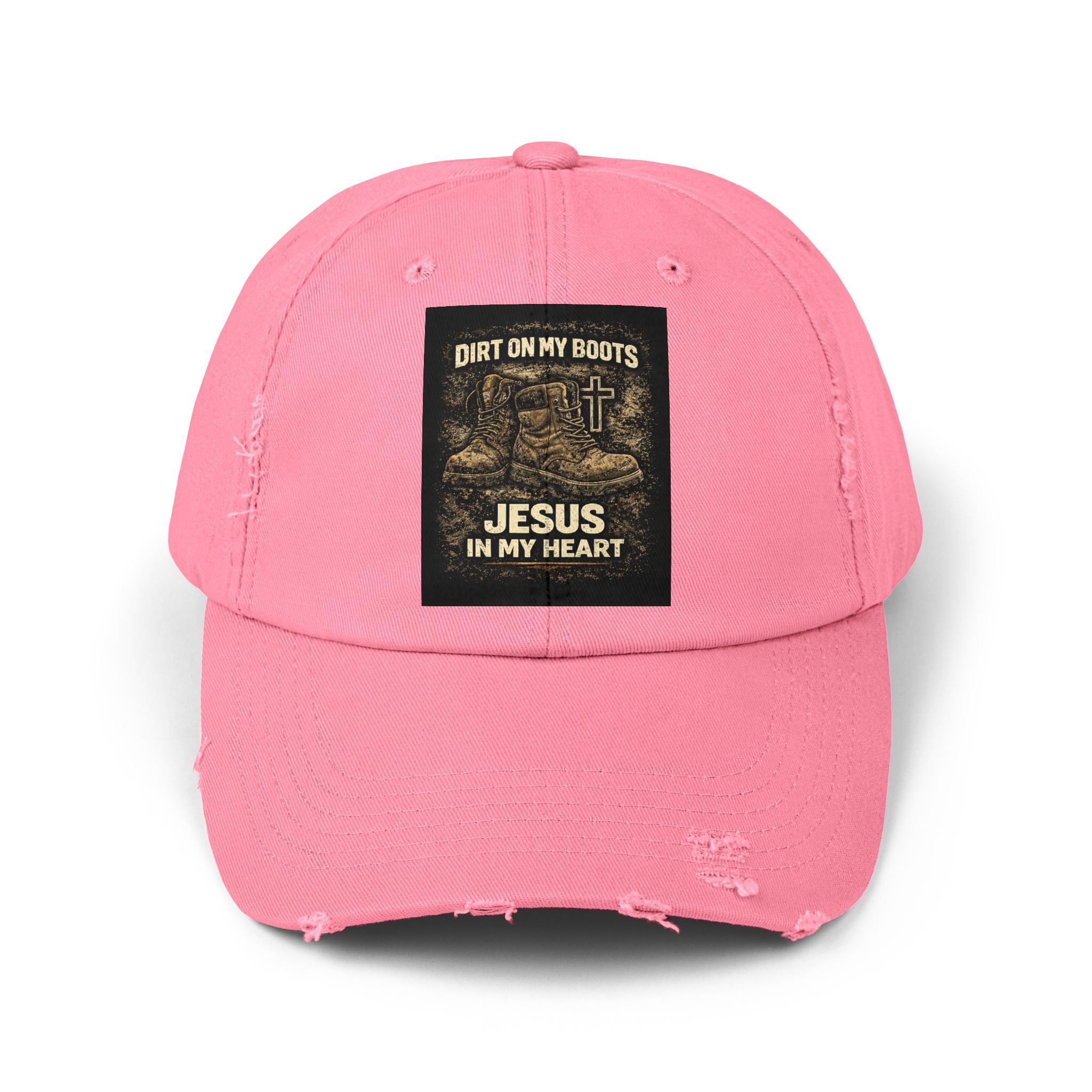 Distressed Baseball Cap — "Dirt on My Boots, Jesus in My Heart" Christian Hat