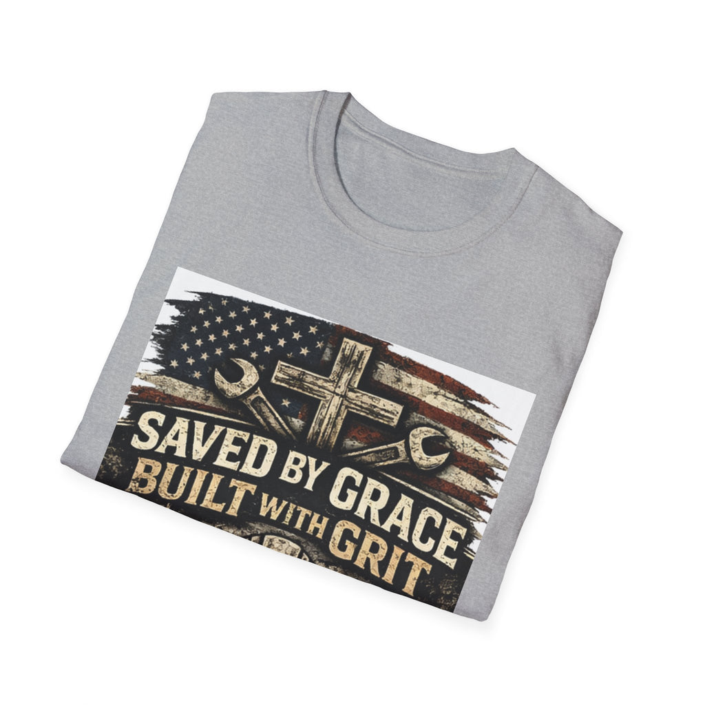 Saved by Grace Built with Grit T-Shirt — Christian Construction Worker Tee