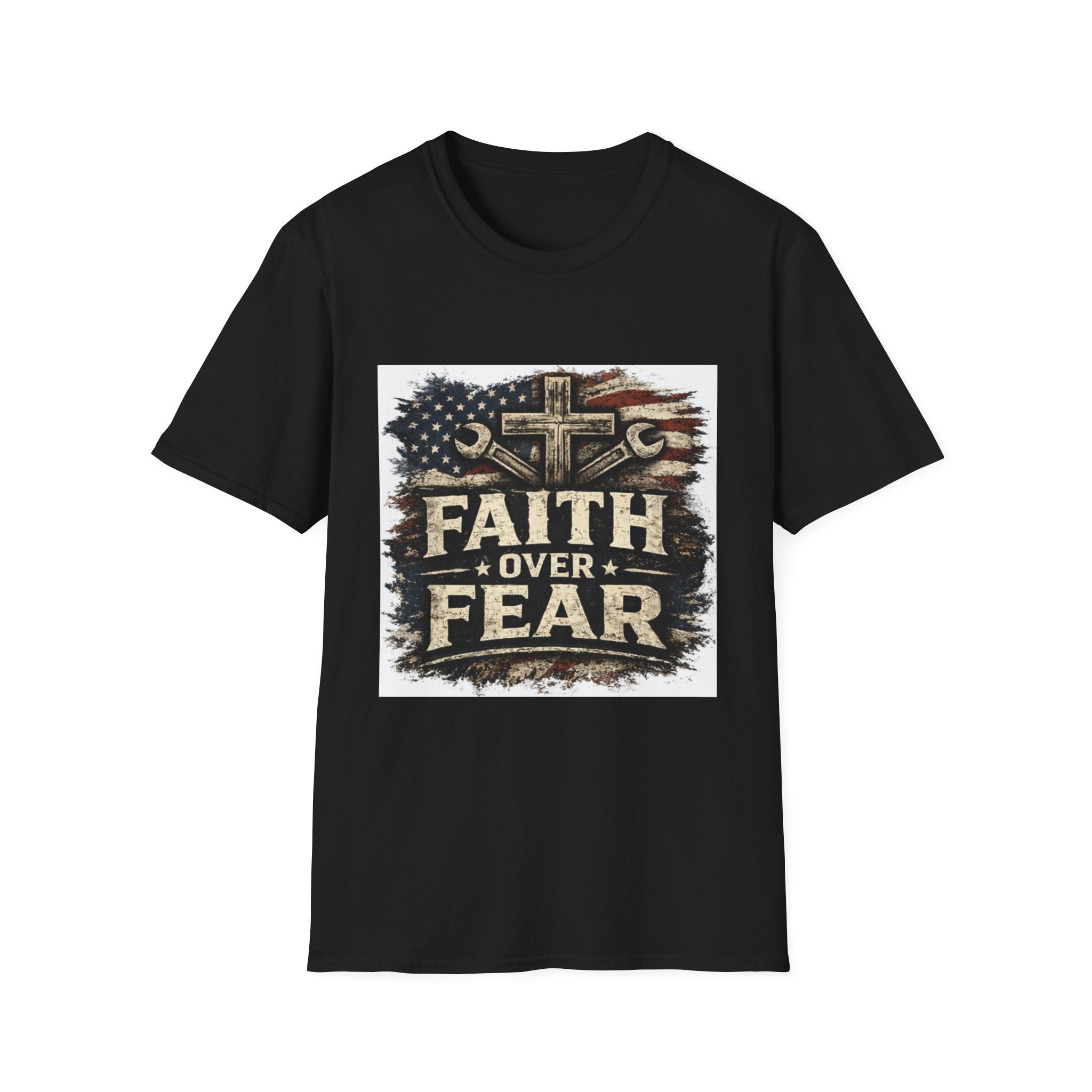 Faith Over Fear T-Shirt — Christian Cross & American Flag Graphic