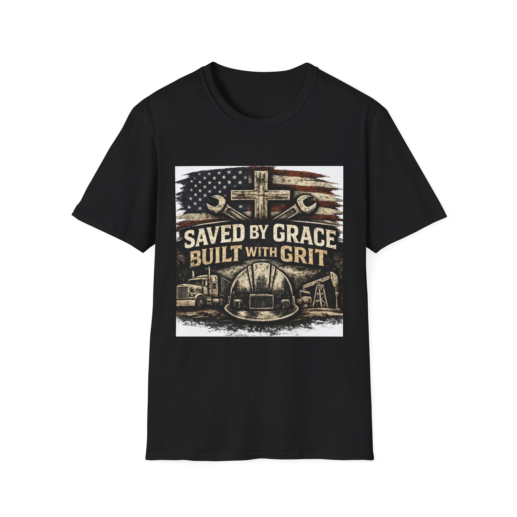 Saved by Grace Built with Grit T-Shirt — Christian Construction Worker Tee