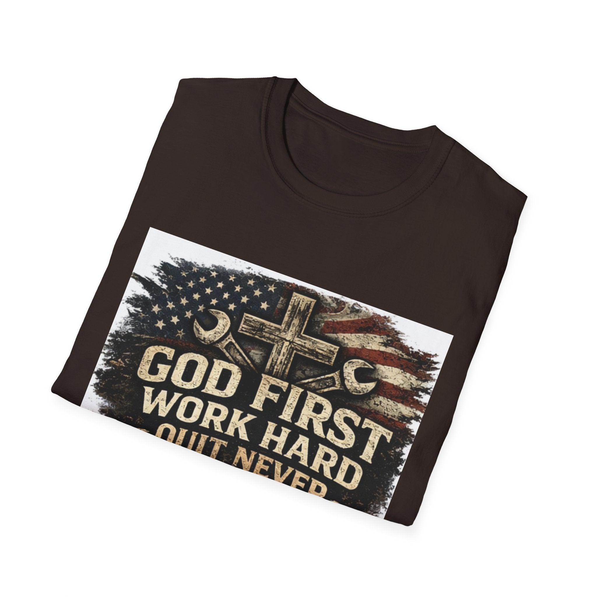 God First Work Hard Quit Never T-Shirt — Faith & Blue-Collar Motivational Tee