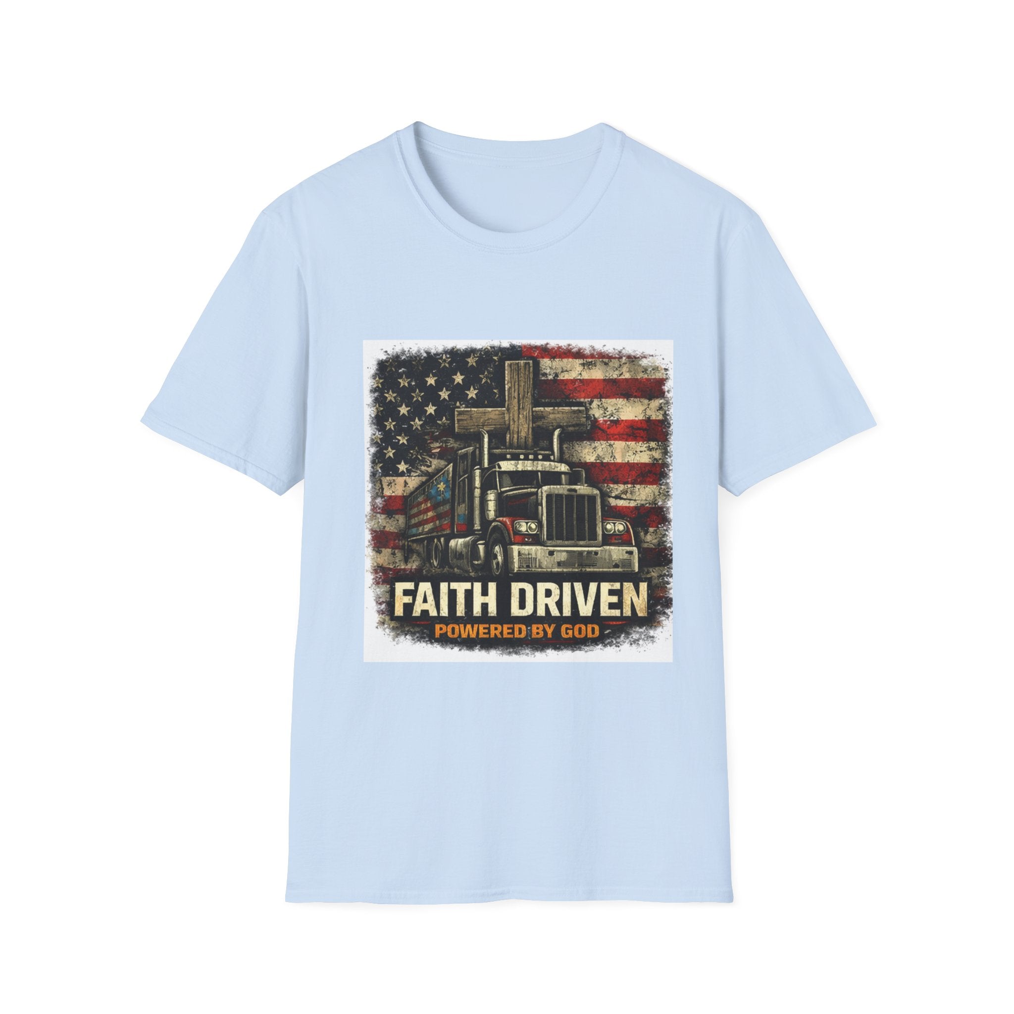 Faith Driven Trucker T-Shirt — American Flag Cross Design