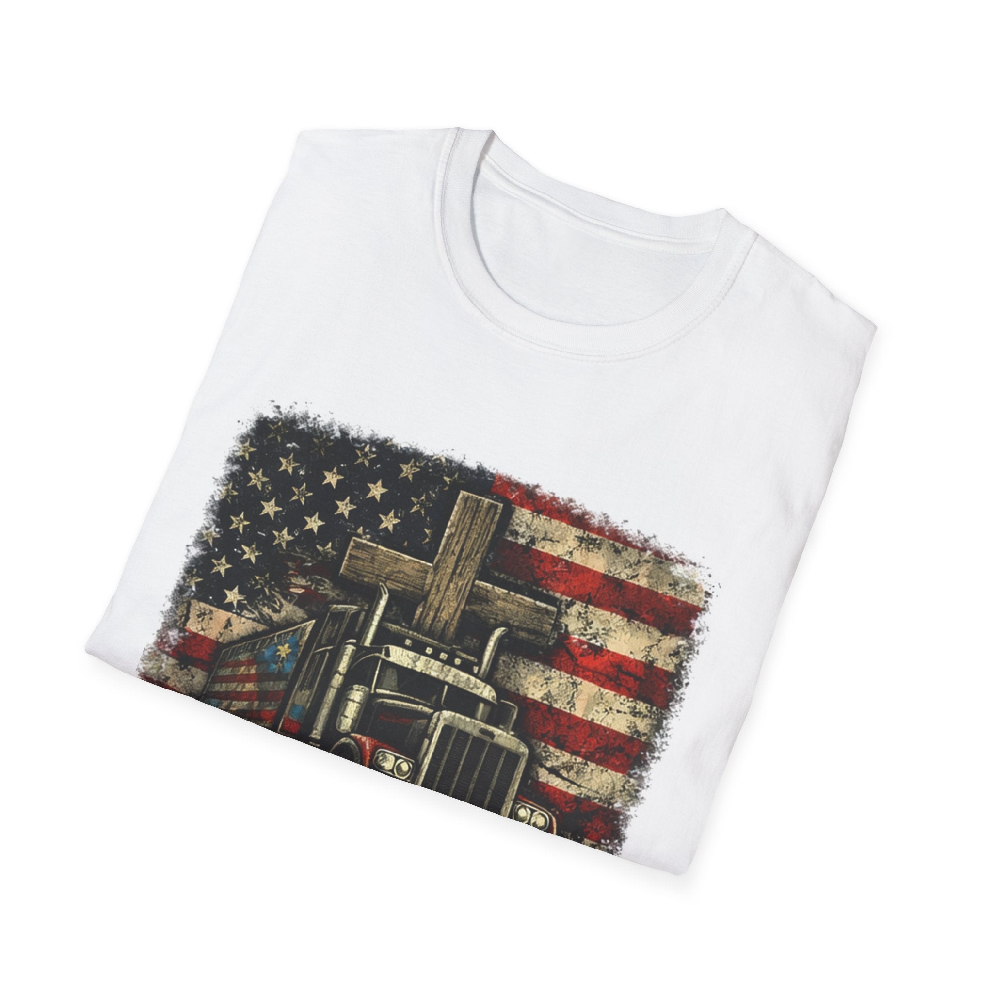 Faith Driven Trucker T-Shirt — "Powered by God" American Flag Design