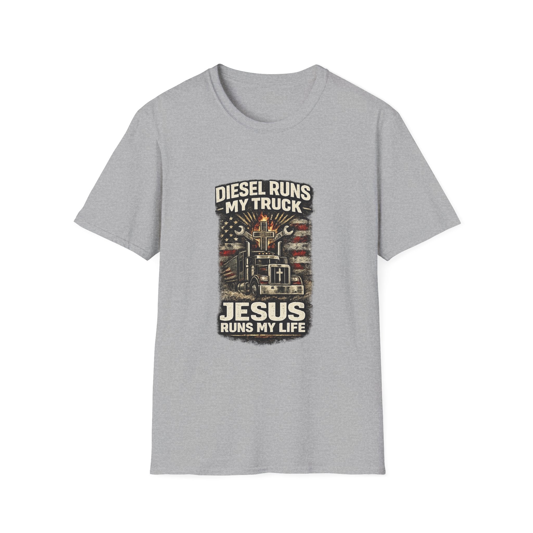 Christian Trucker T-Shirt — "Diesel Runs My Truck, Jesus Runs My Life" Vintage Design