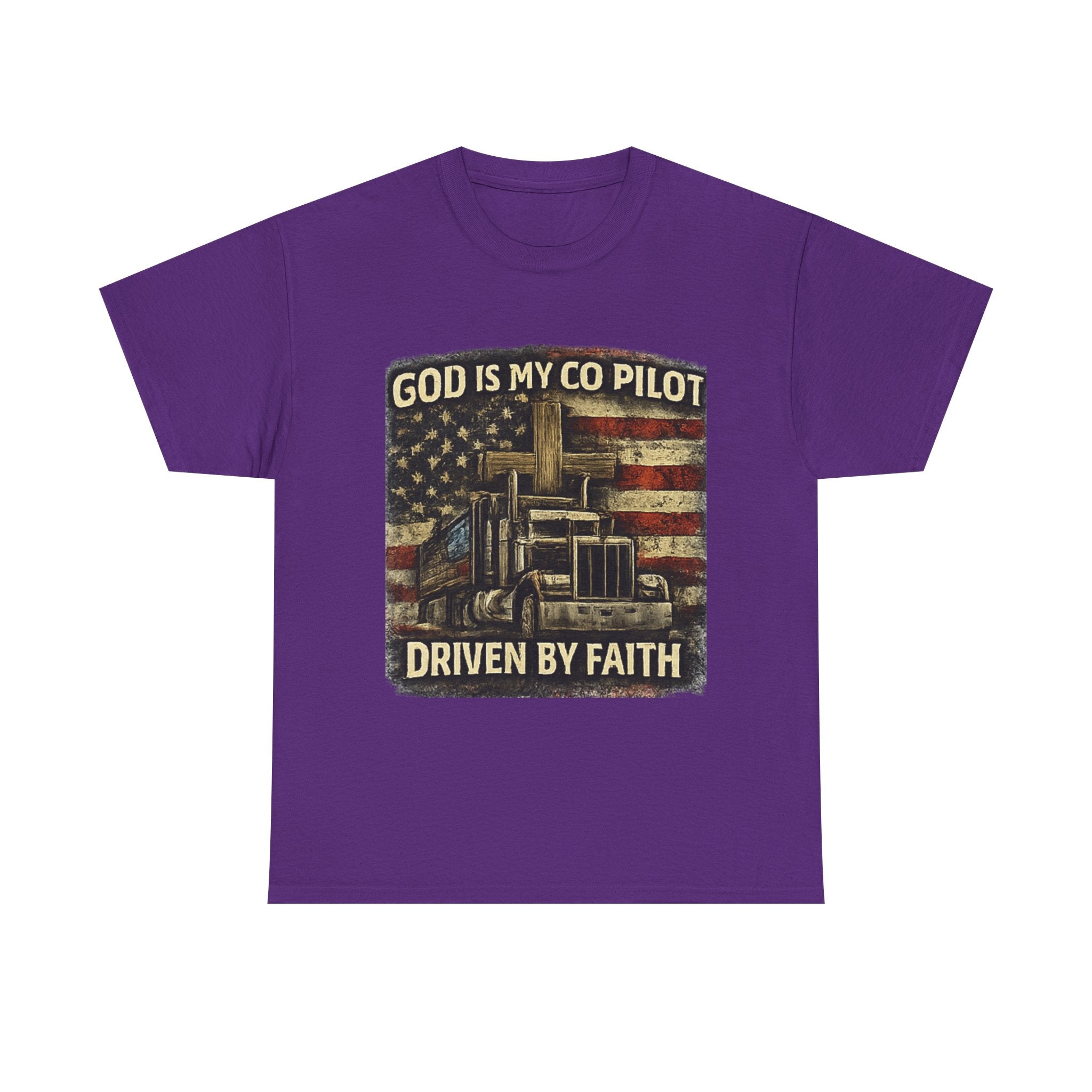 Truck Driver T‑Shirt — "God Is My Co‑Pilot, Driven by Faith" Patriotic Semi Truck Tee