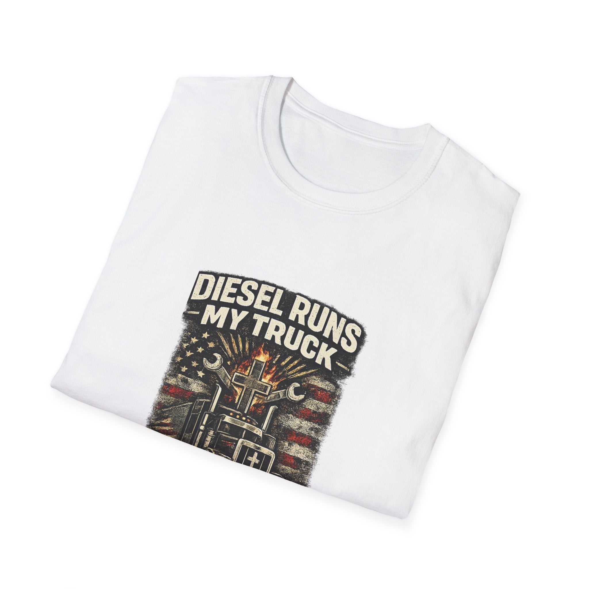 Christian Trucker T-Shirt — "Diesel Runs My Truck, Jesus Runs My Life" Vintage Design