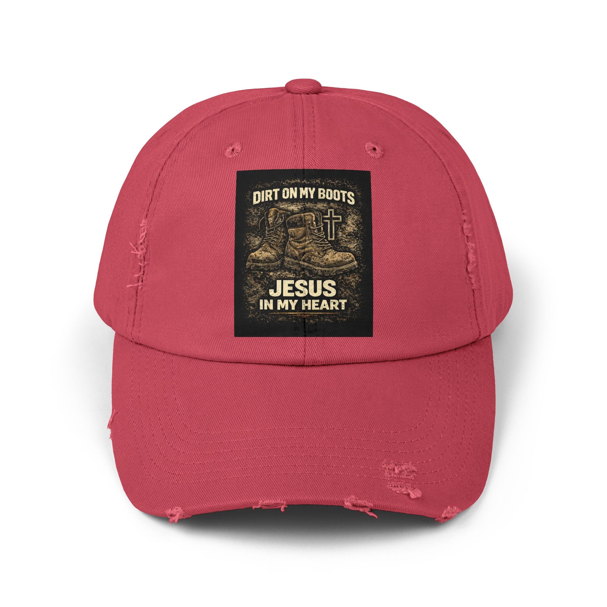 Distressed Baseball Cap — "Dirt on My Boots, Jesus in My Heart" Christian Hat