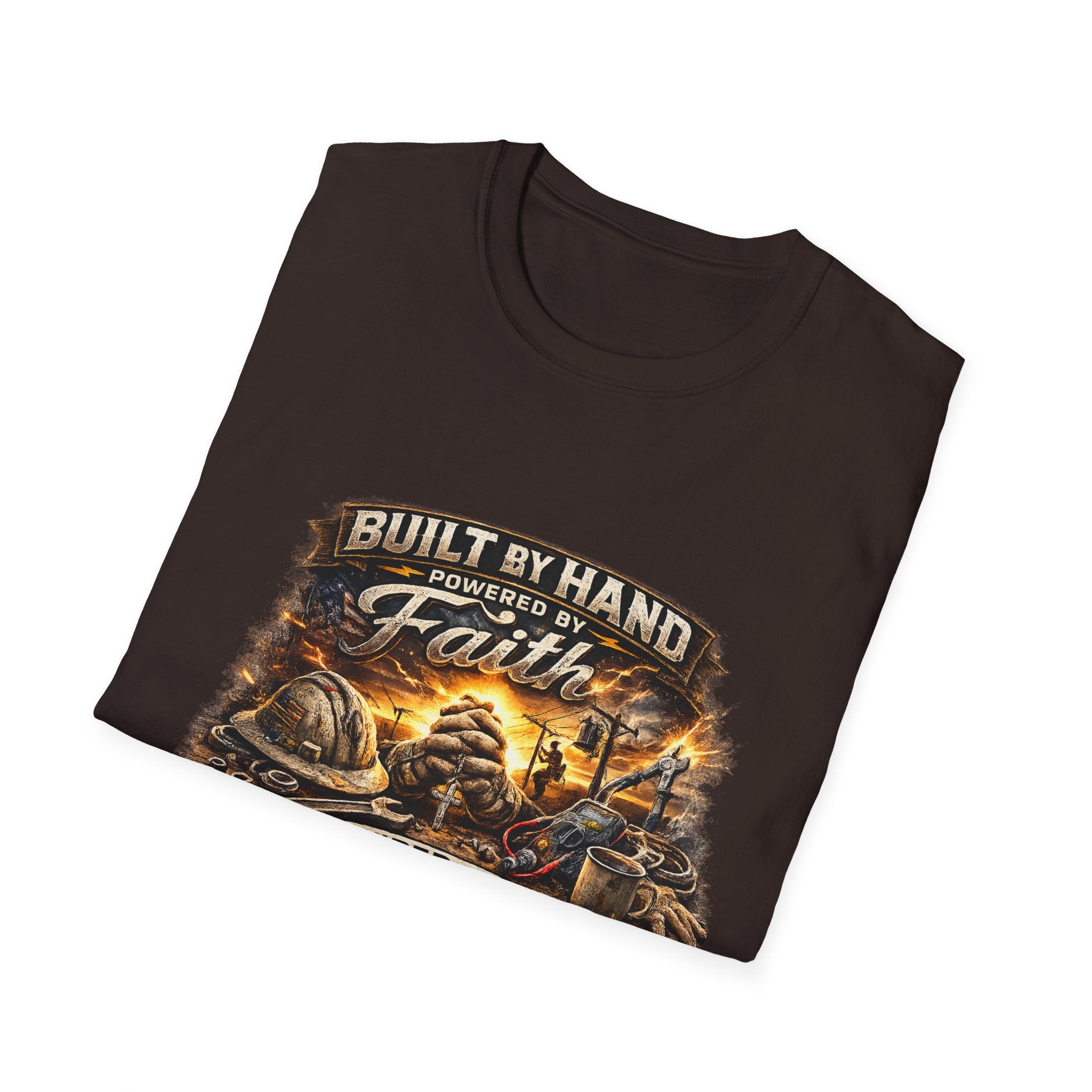 Built by Hand Mechanic T-Shirt – "Built by Hand, Powered by Faith, Home by Courage" Vintage Workshirt