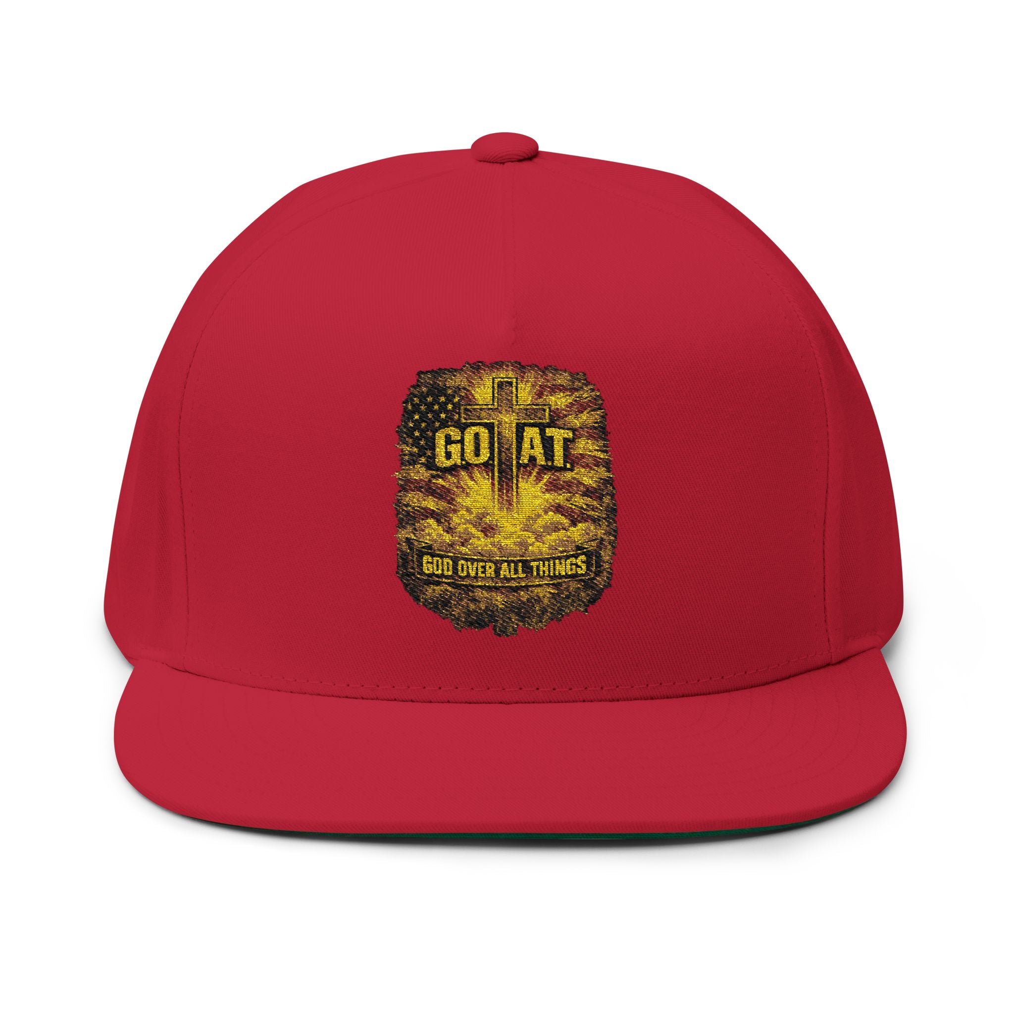 GOAT Embroidered Flat Bill Cap — Vintage Gold Trophy Patch Snapback