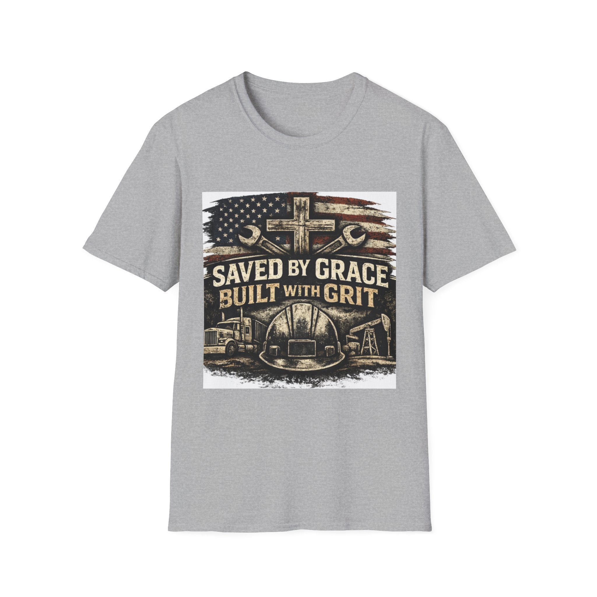 Saved by Grace Built with Grit T-Shirt — Christian Construction Worker Tee