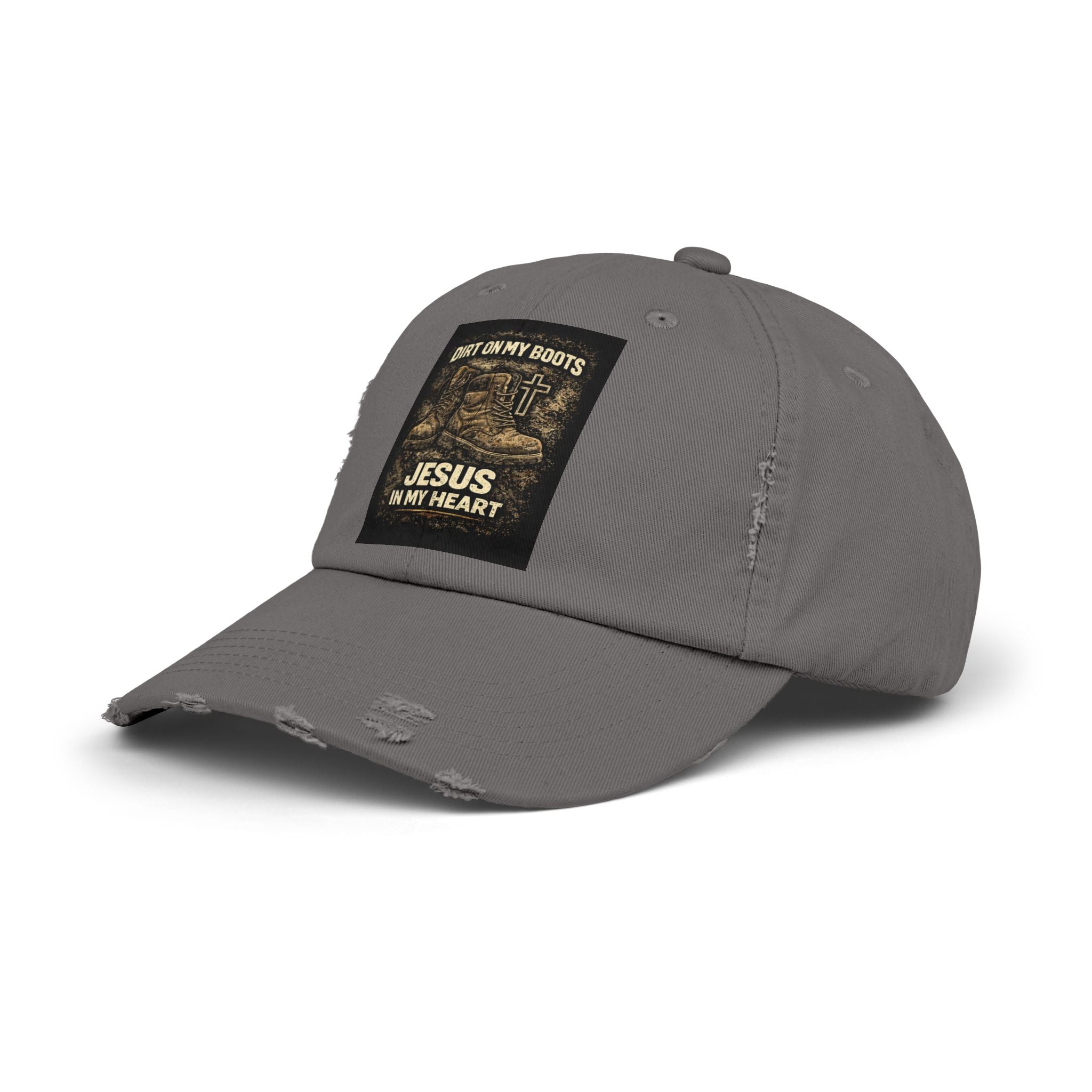 Distressed Baseball Cap — "Dirt on My Boots, Jesus in My Heart" Christian Hat