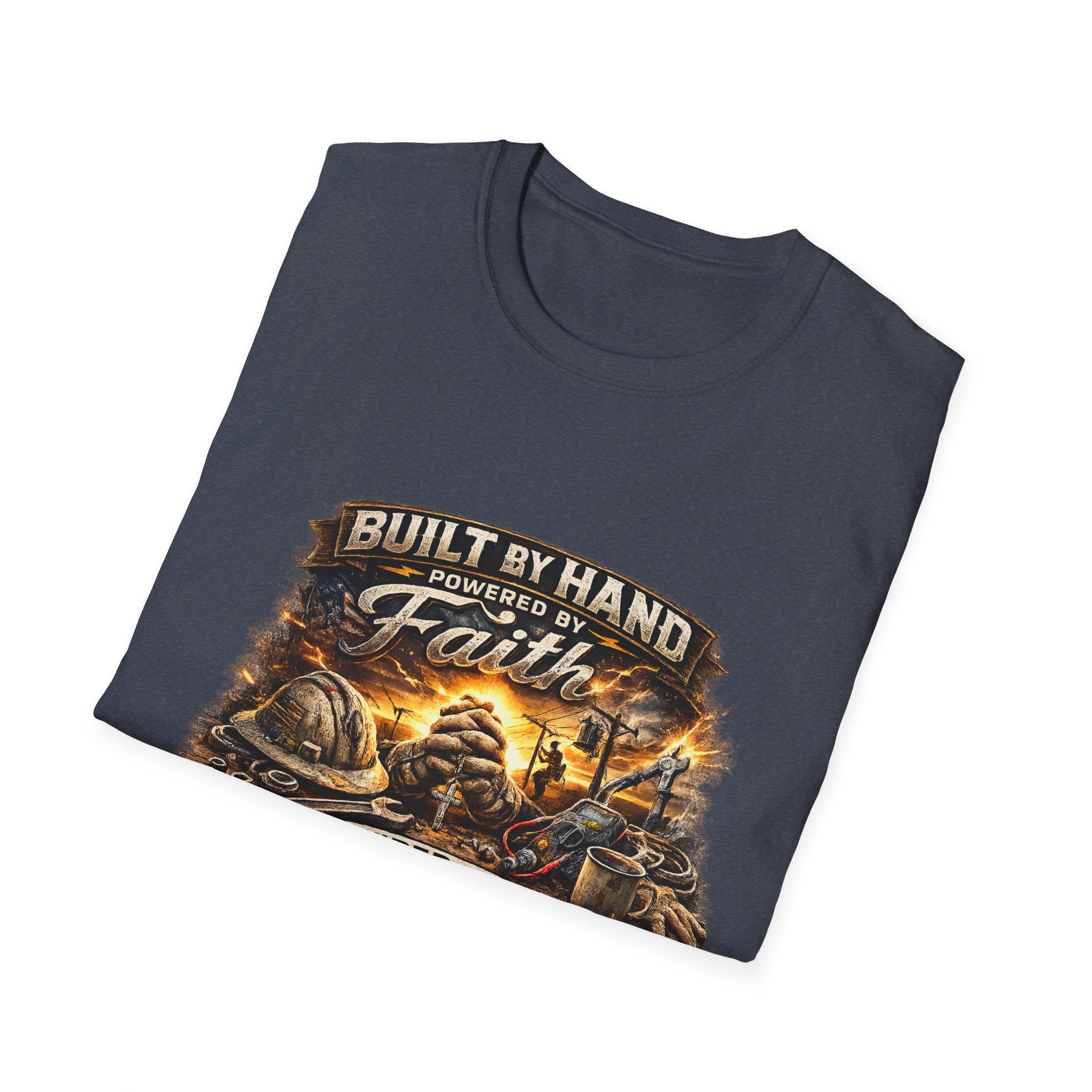 Built by Hand Mechanic T-Shirt – "Built by Hand, Powered by Faith, Home by Courage" Vintage Workshirt