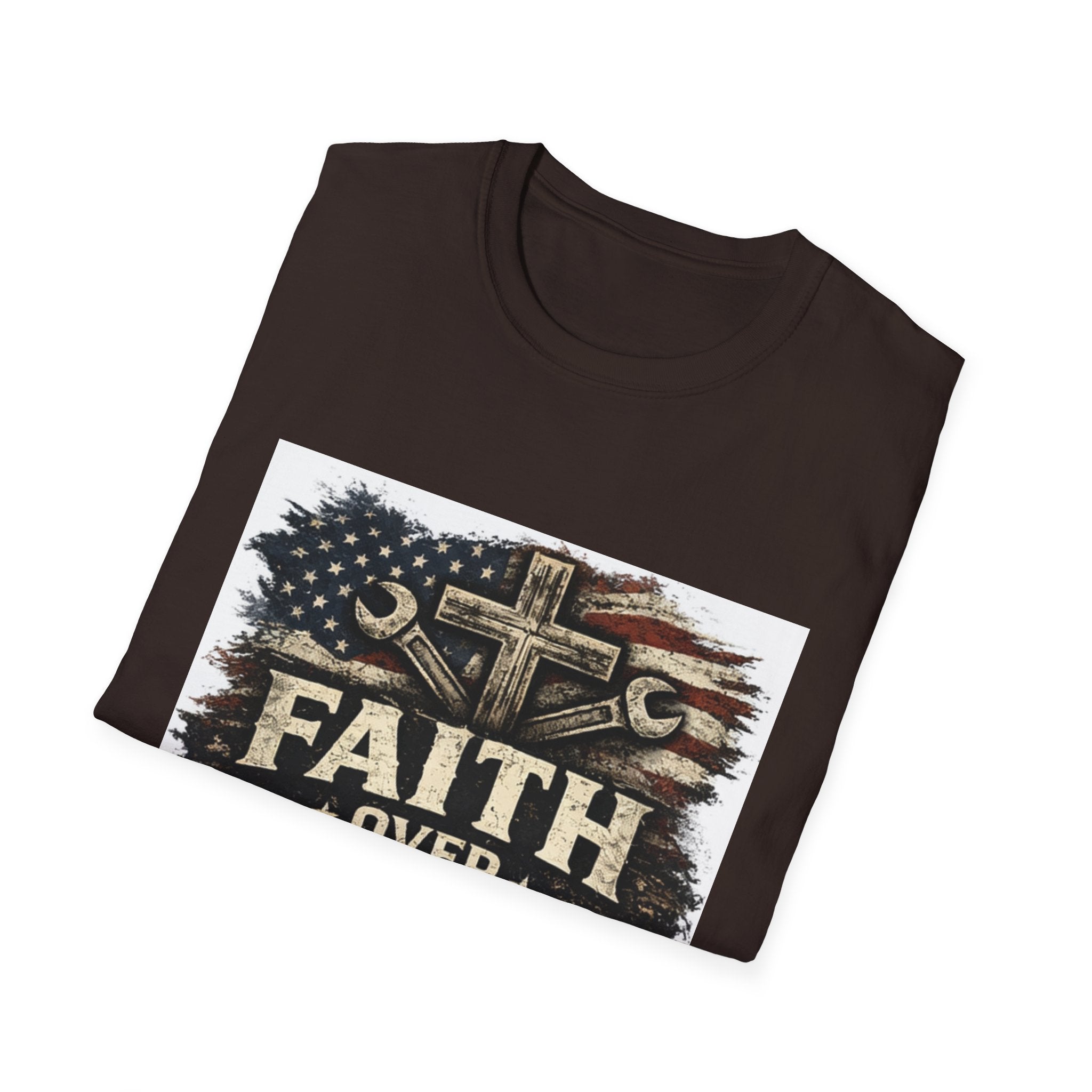 Faith Over Fear T-Shirt — Christian Cross & American Flag Graphic