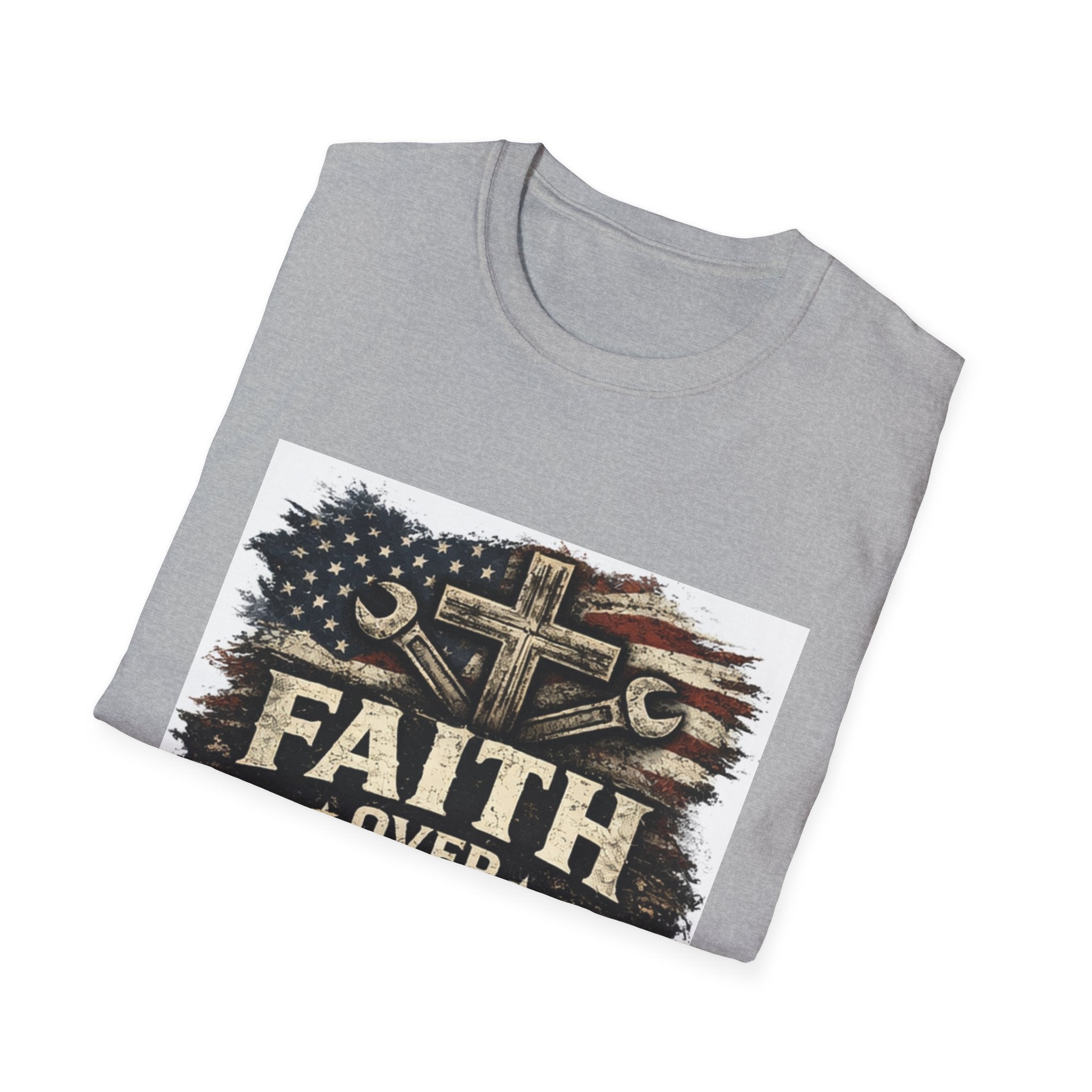 Faith Over Fear T-Shirt — Christian Cross & American Flag Graphic