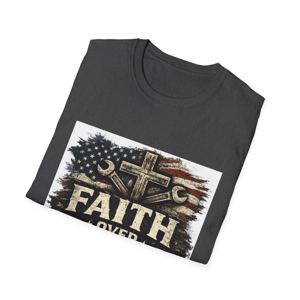 Faith Over Fear T-Shirt — Christian Cross & American Flag Graphic