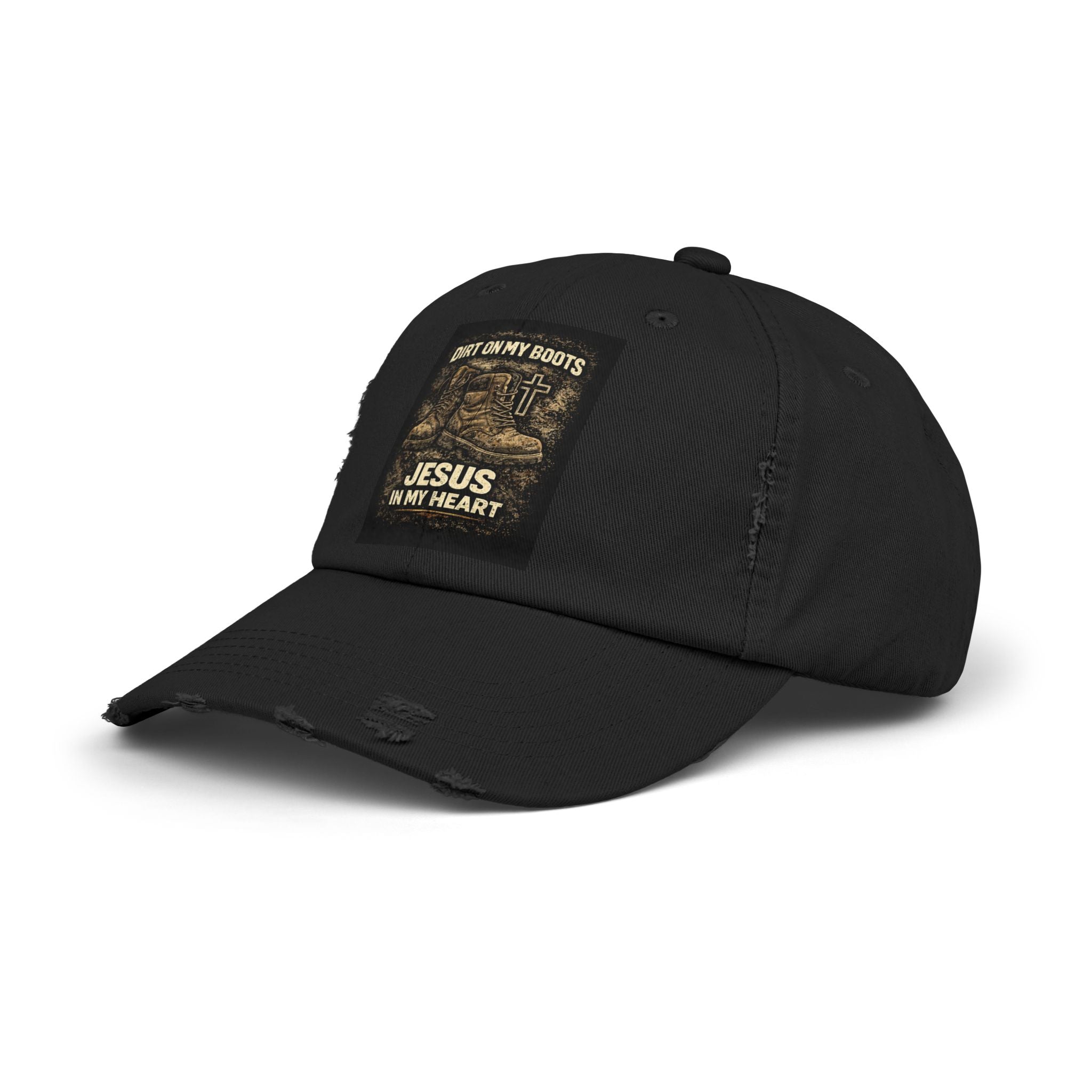 Distressed Baseball Cap — "Dirt on My Boots, Jesus in My Heart" Christian Hat