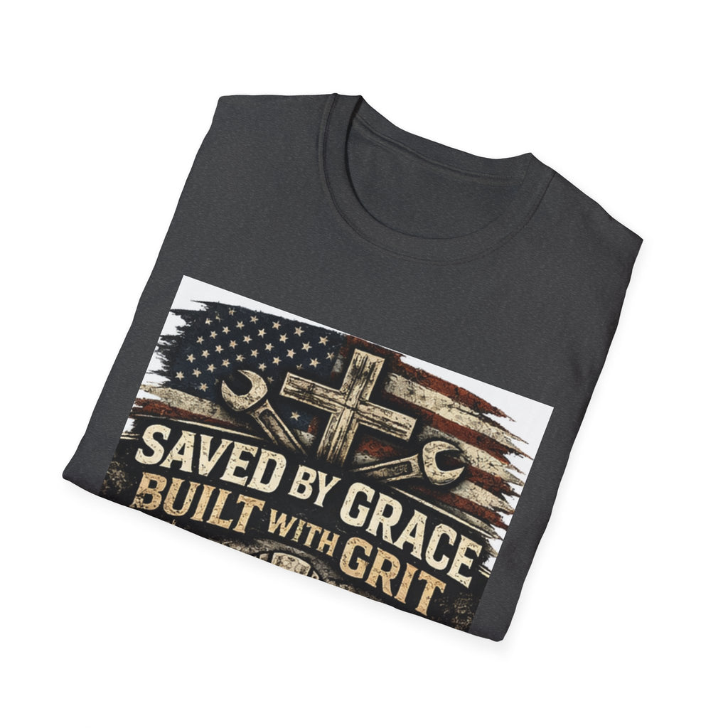 Saved by Grace Built with Grit T-Shirt — Christian Construction Worker Tee