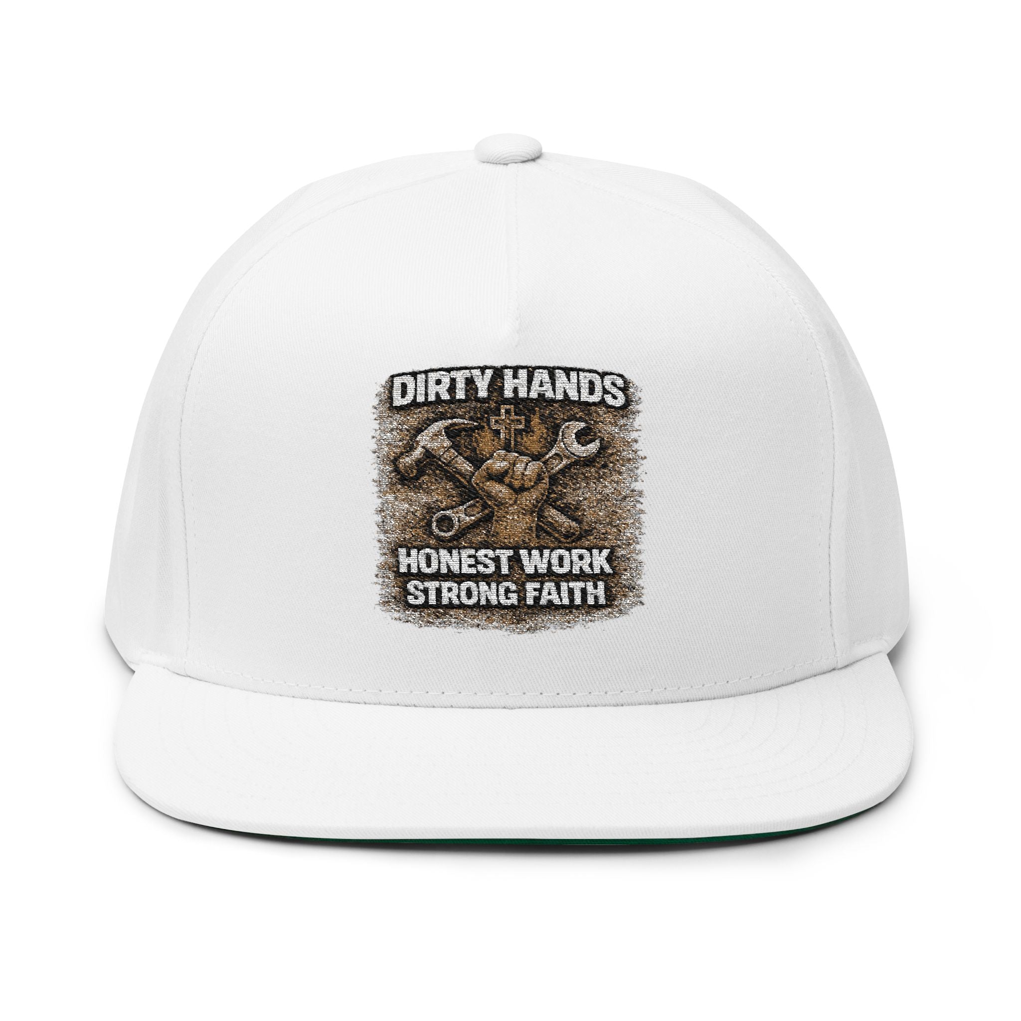 Embroidered Flat Bill Cap – "Dirty Hands, Honest Work, Strong Faith" (Mechanic/Trades Snapback)
