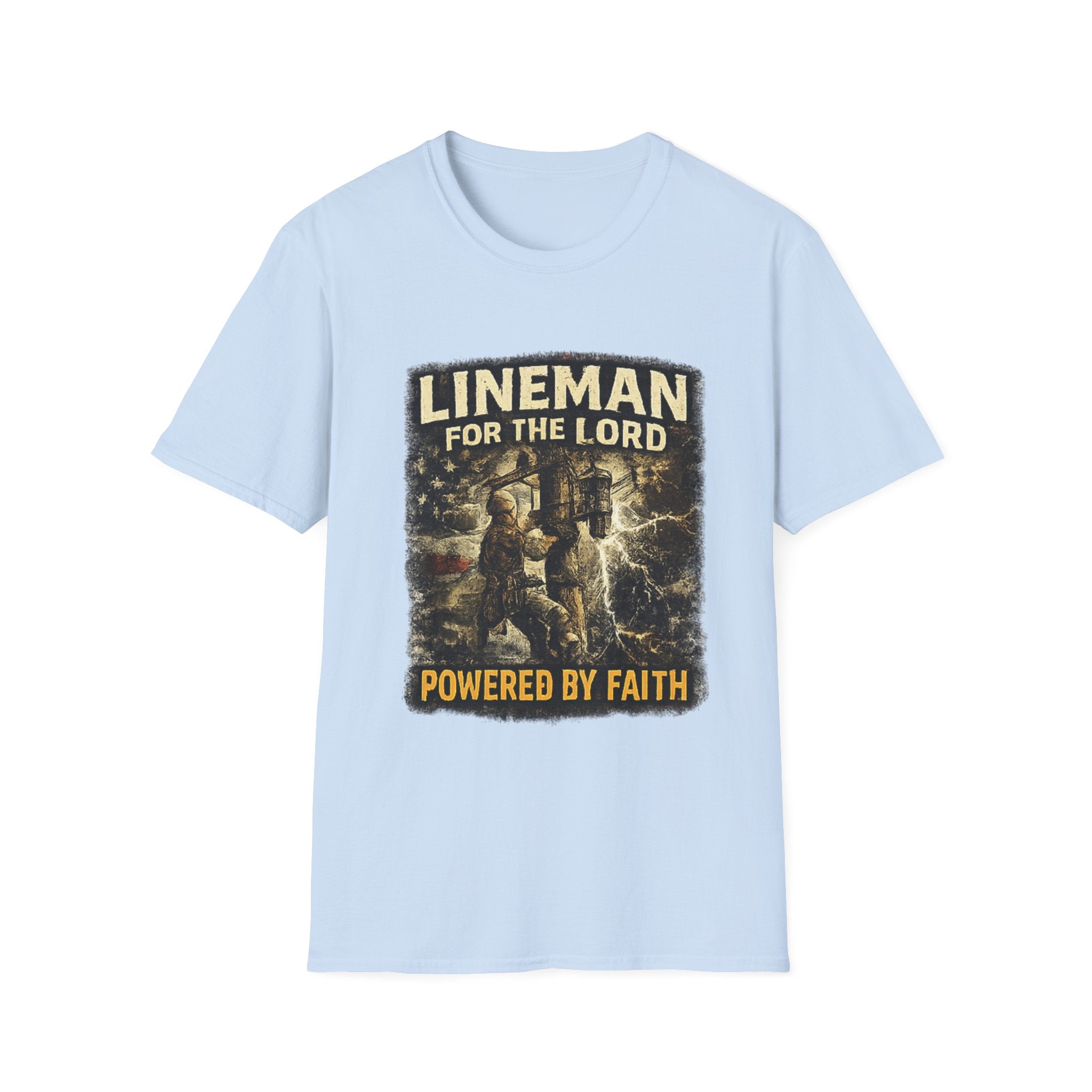 Lineman For The Lord T-Shirt – “Powered By Faith” Christian Lineman Tee