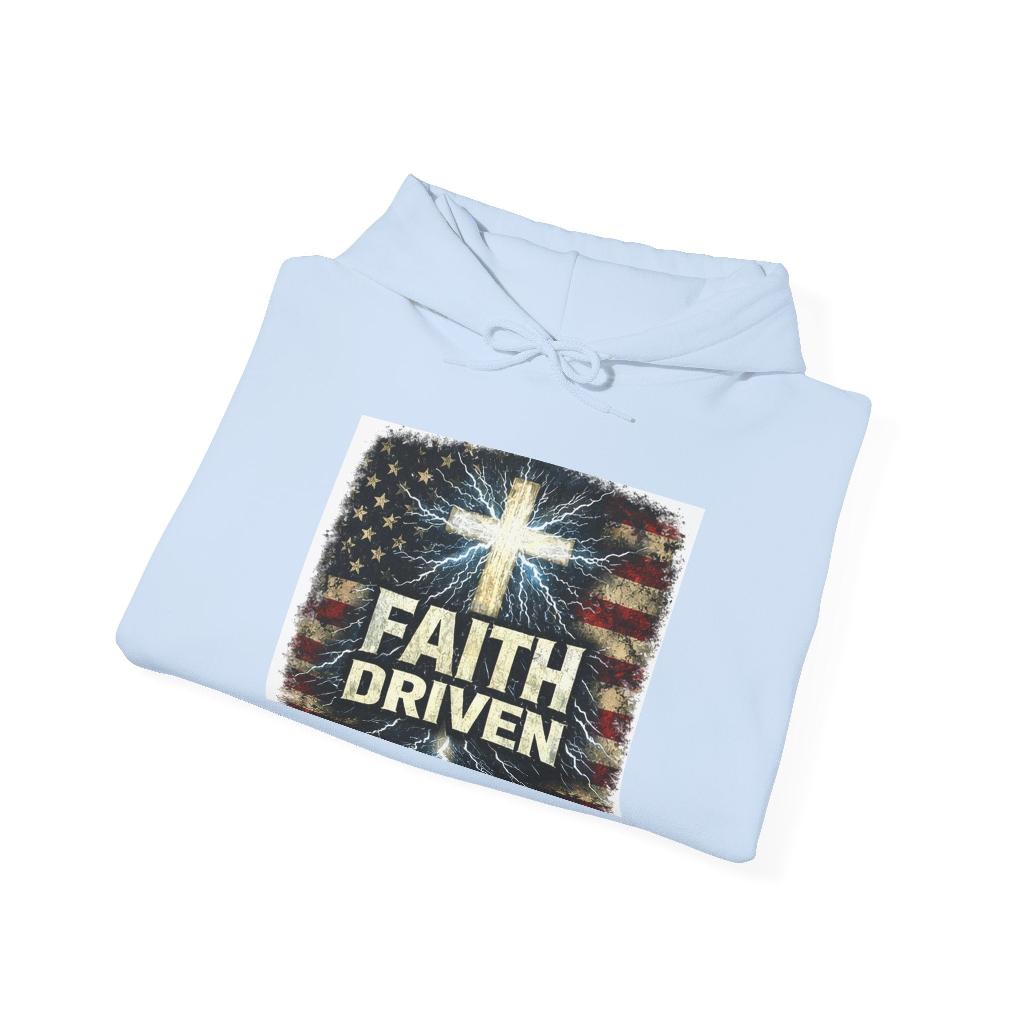 Faith Driven Hoodie — Christian Cross & American Flag Pullover