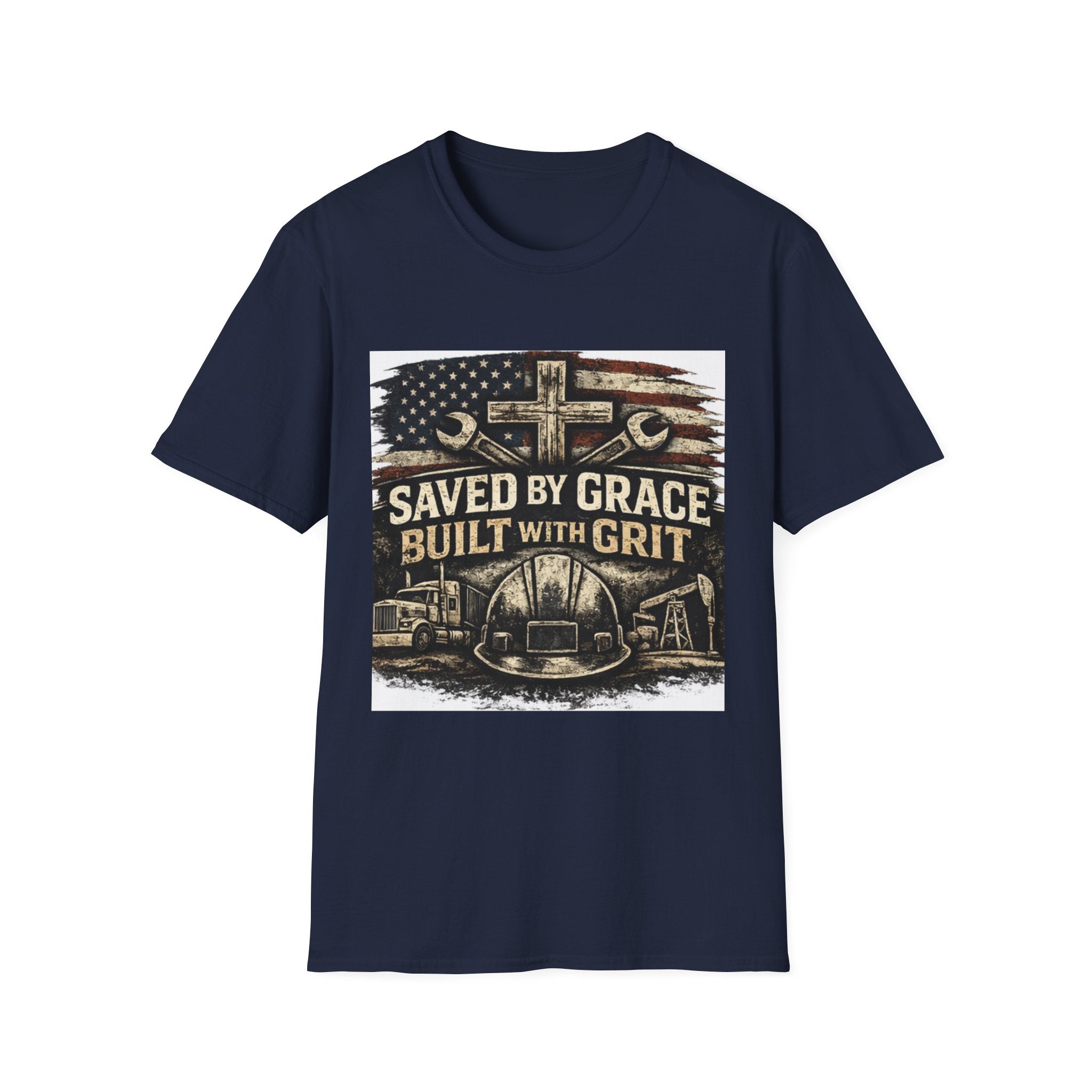 Saved by Grace Built with Grit T-Shirt — Christian Construction Worker Tee