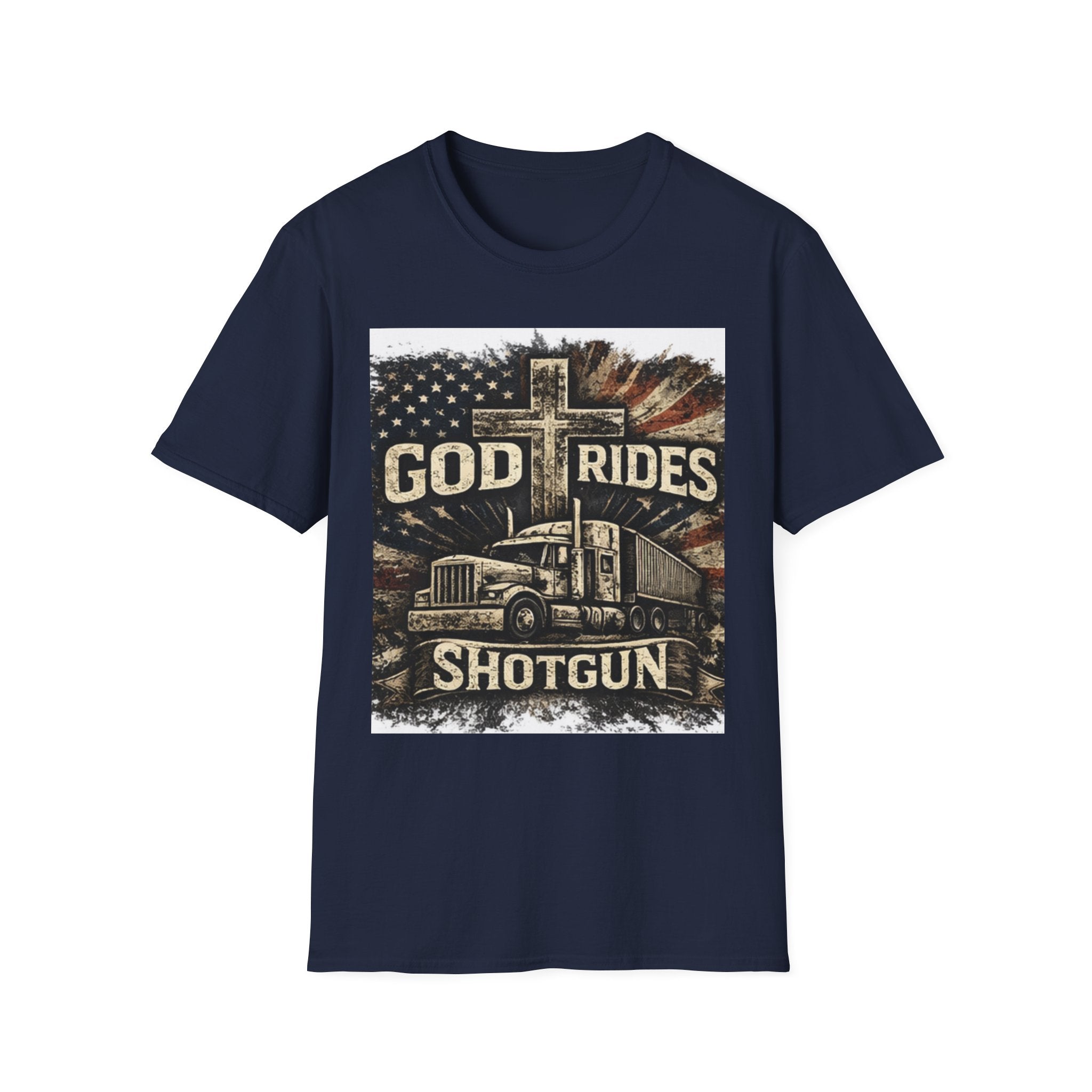 God Rides Shotgun Trucker T-Shirt — Christian Trucker Patriotic Tee