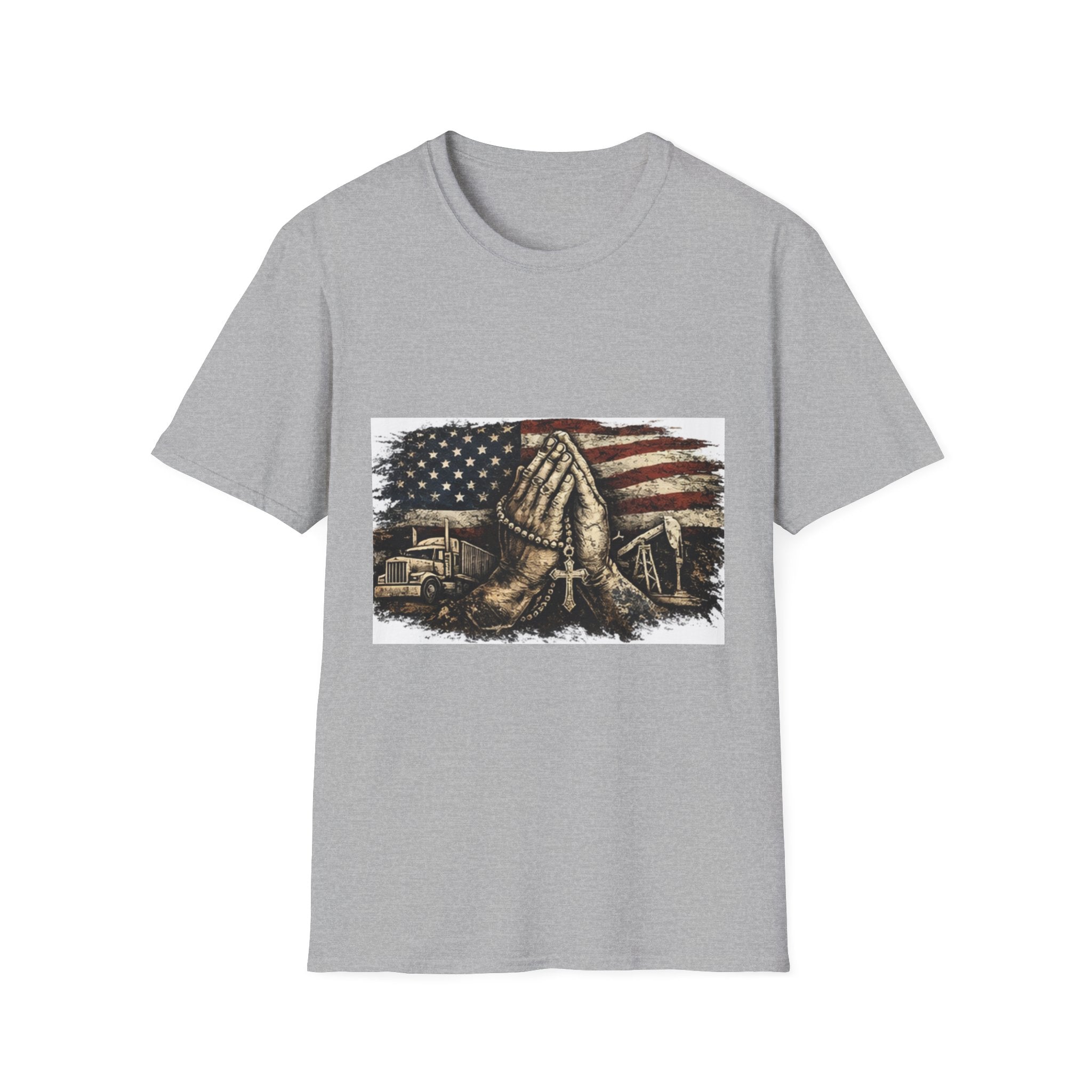 Patriotic Praying Hands T-Shirt — American Flag Faith Tee for Veterans & Church