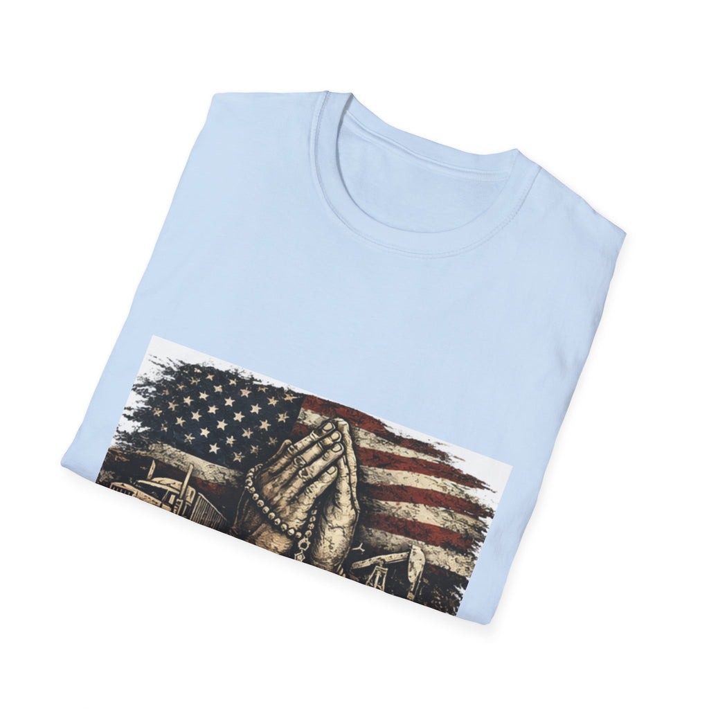 Patriotic Praying Hands T-Shirt — American Flag Faith Tee for Veterans & Church