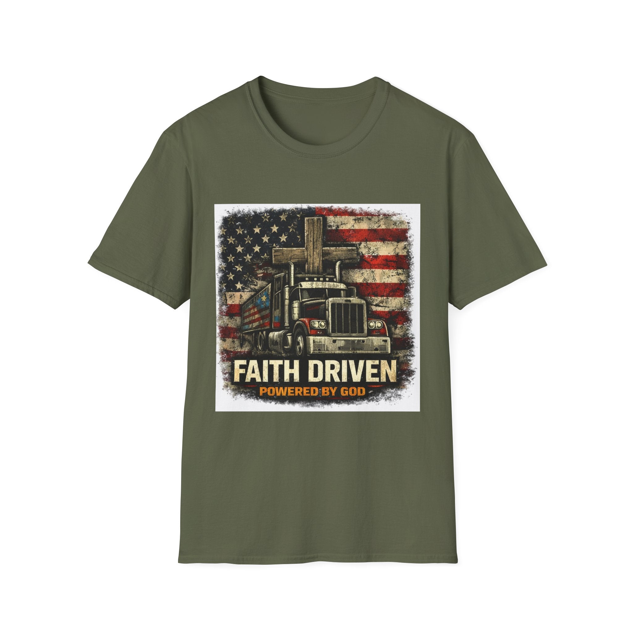 Faith Driven Trucker T-Shirt — "Powered by God" American Flag Design