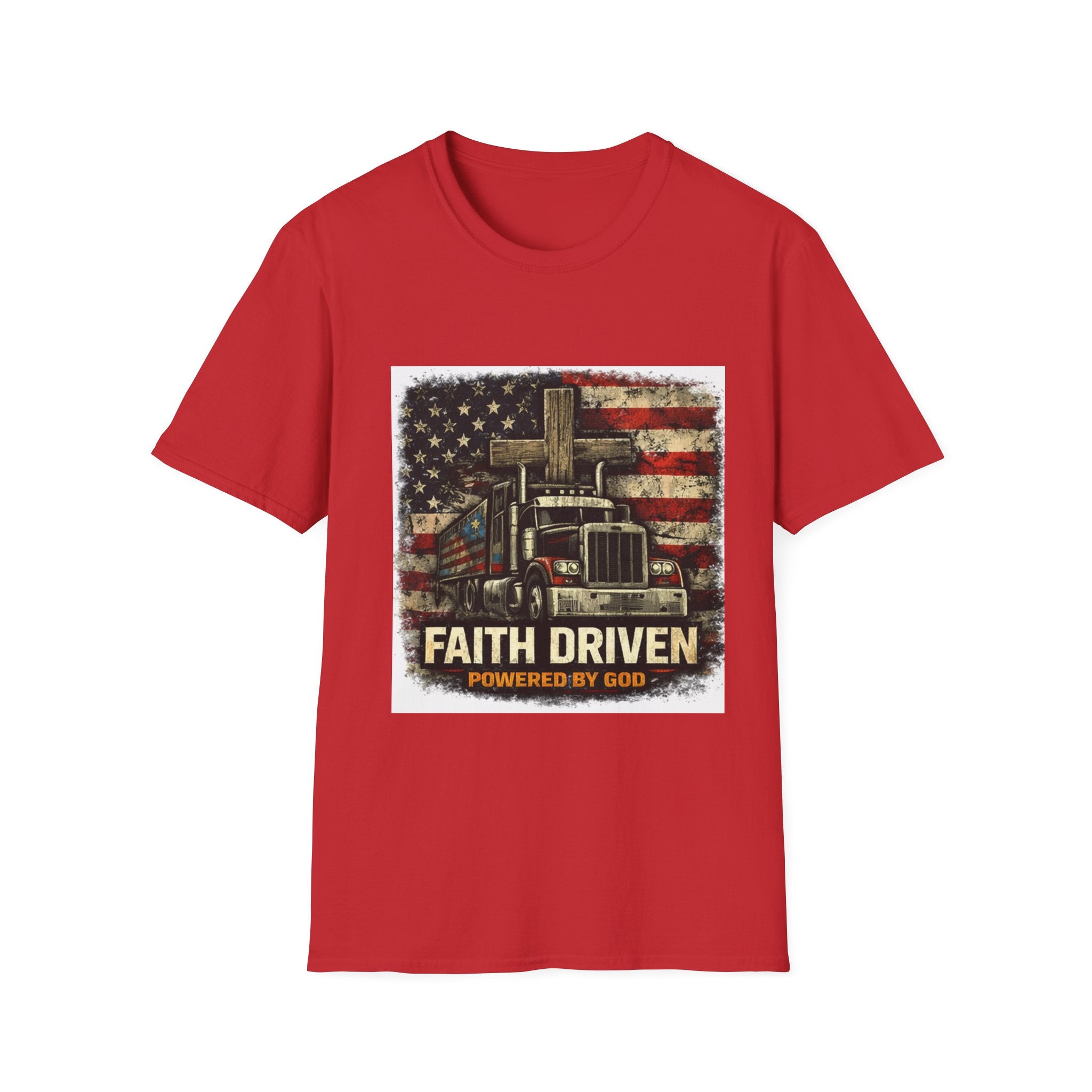 Faith Driven Trucker T-Shirt — American Flag Cross Design