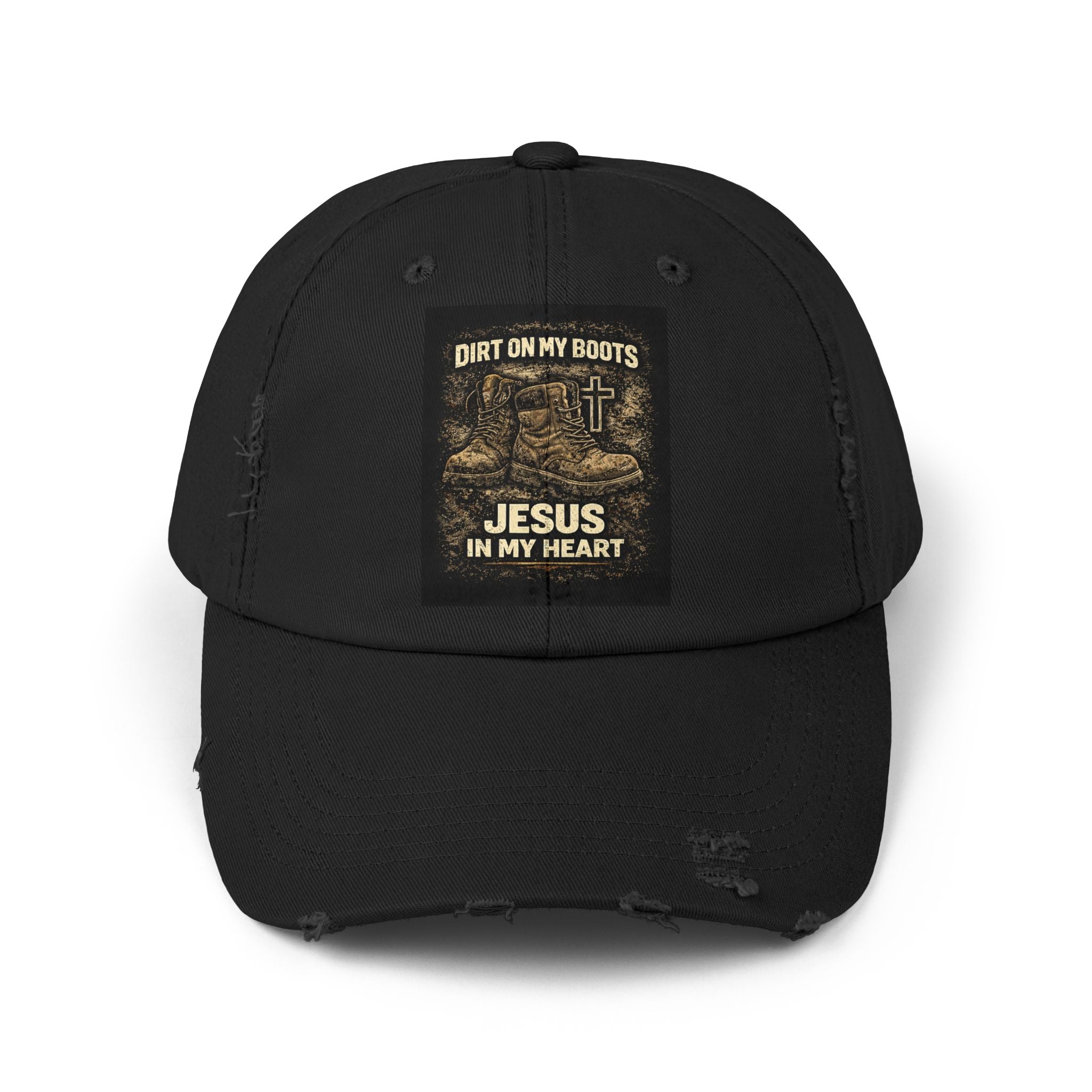 Distressed Baseball Cap — "Dirt on My Boots, Jesus in My Heart" Christian Hat